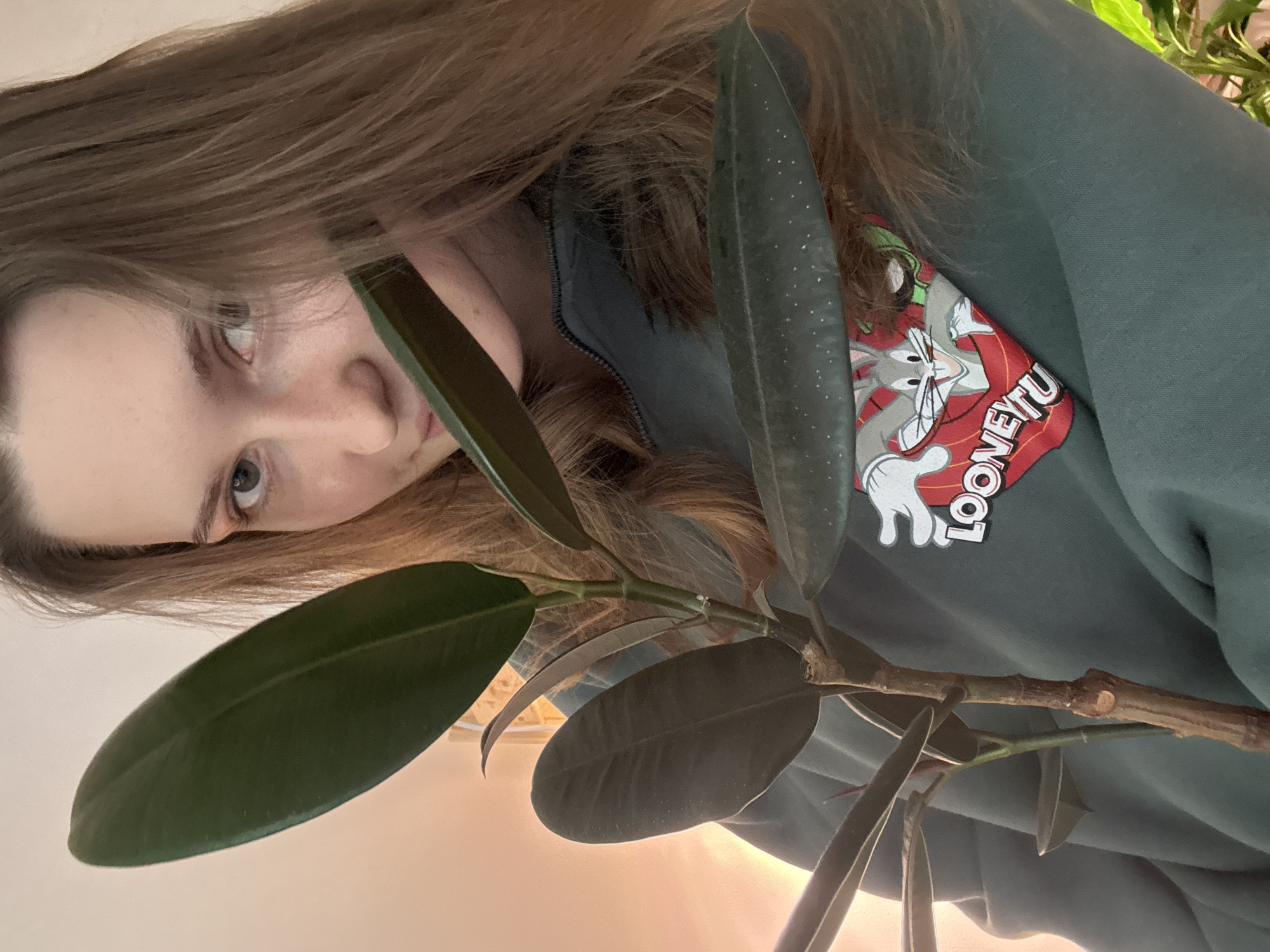 A young woman with long brown hair and light skin is holding a rubber fig plant (Ficus elastica) in front of her. She is wearing a green sweatshirt with a Looney Tunes graphic featuring Bugs Bunny. The plant has several large, dark green leaves. The setting appears to be indoors, with a pale wall visible in the background.
The location is impossible to determine due to the lack of any location information.