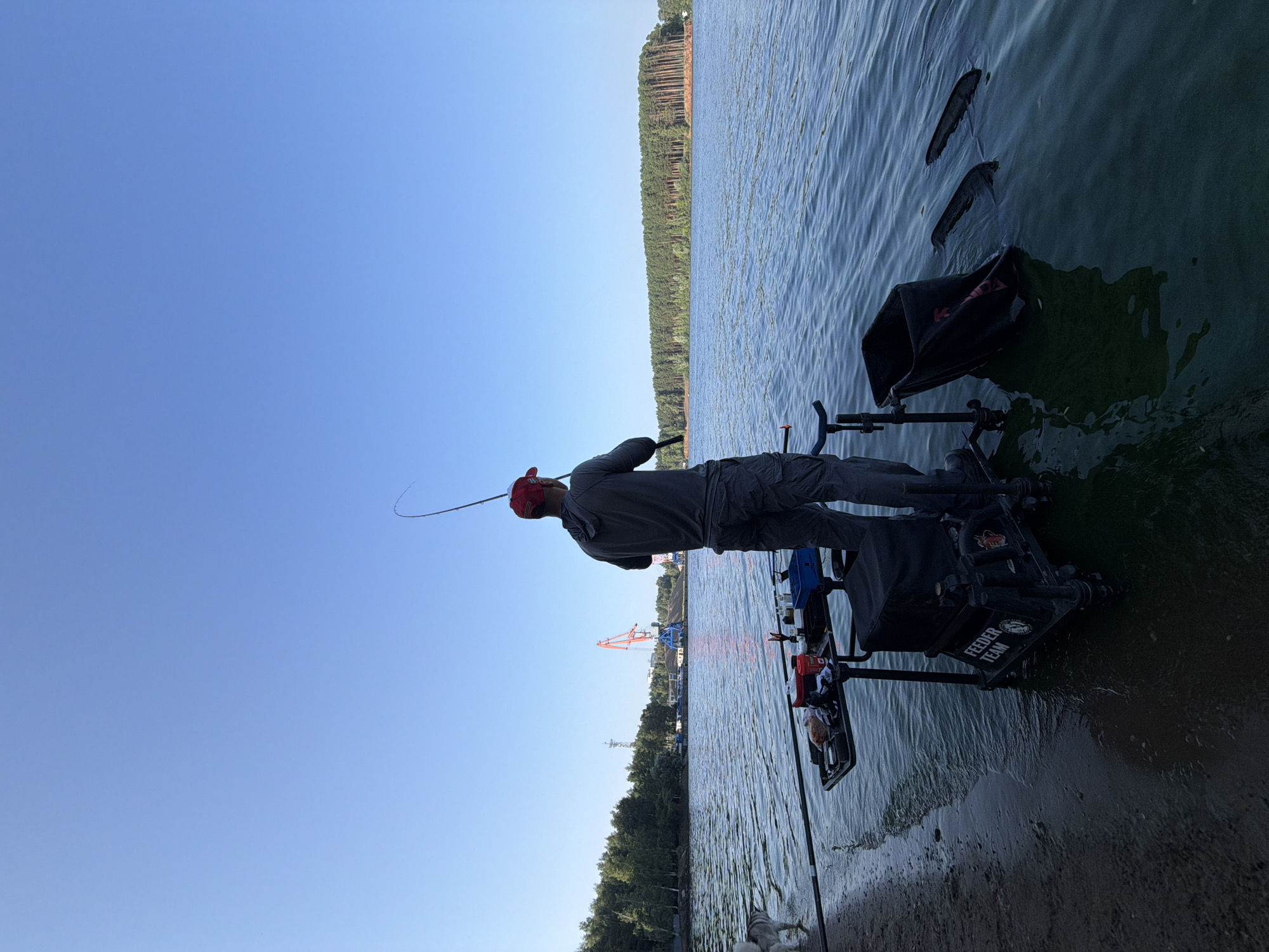 A person, wearing a grey hooded sweatshirt, grey cargo pants, and a red baseball cap, stands on a sandy bank facing a body of water, holding a fishing rod. The fishing rod is curved, indicating it is in use. To the left of the person, a husky dog stands in the water. In front of the person is a fishing seat box with a tray containing various fishing accessories. To the right of the seat box, a black fishing bag is partially submerged in the water, with two items floating next to it. The background shows a wide expanse of water, a distant shoreline lined with trees, and industrial cranes and structures on the left side of the water. The sky is clear and blue. The scene appears to be on the Kama River in Chaikovsky, Russia.