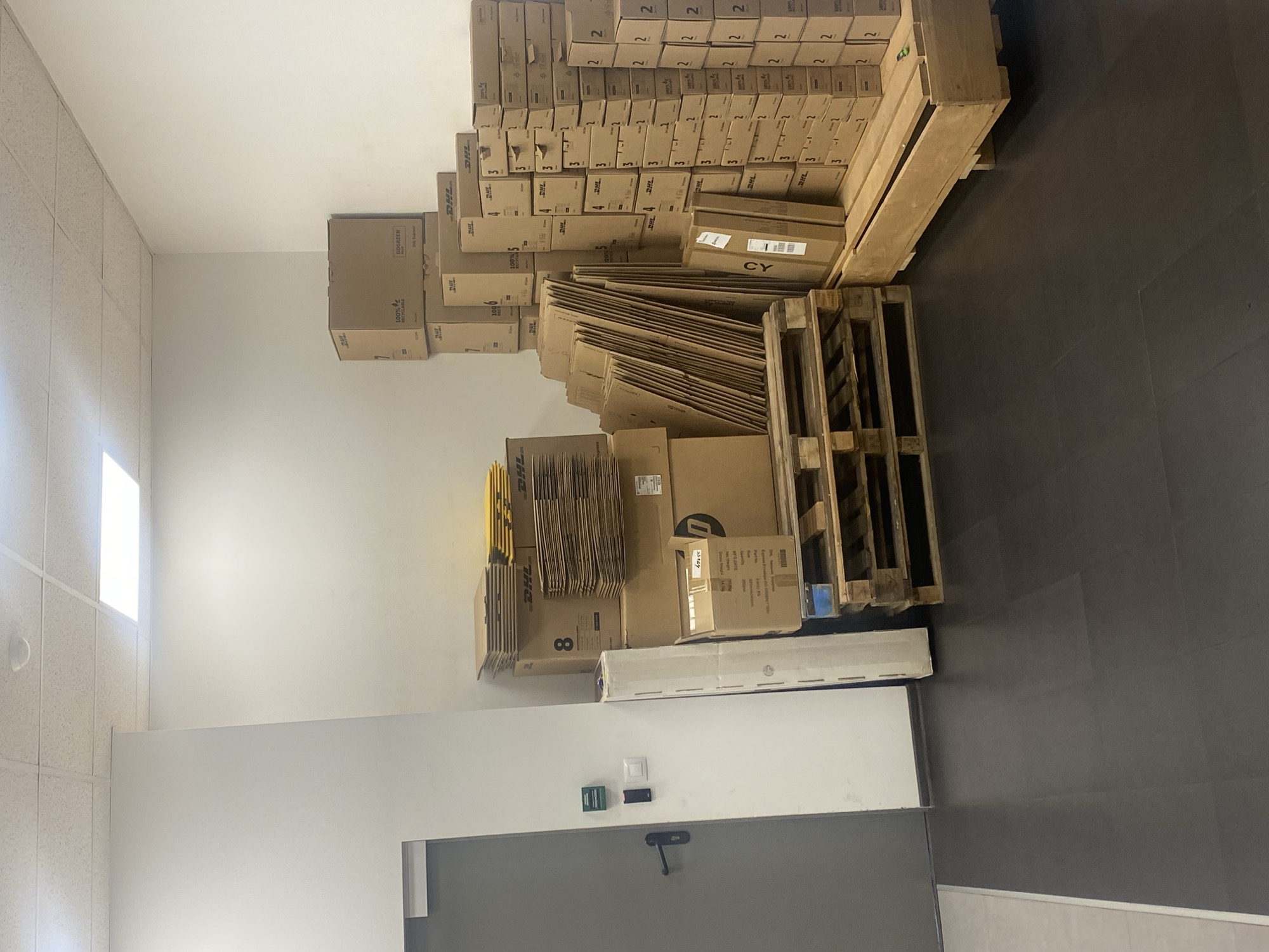 The image shows a storage room with stacks of cardboard boxes and pallets. The boxes appear to be from DHL and have markings indicating quantities (e.g., "2," "3," "4," "5," "6," "7," "8"). Some boxes also have the "GOGREEN" and "100% RECYCLABLE" logos. The boxes are stacked on wooden pallets and directly on the floor. In the background, there's a door with a handle, light switches, and possibly a fire alarm control panel. The floor is dark gray, and the walls are white. The location appears to be indoors, within a commercial or industrial building. There is no evidence in the image to support a conclusion about the location being Sofia, Bulgaria.