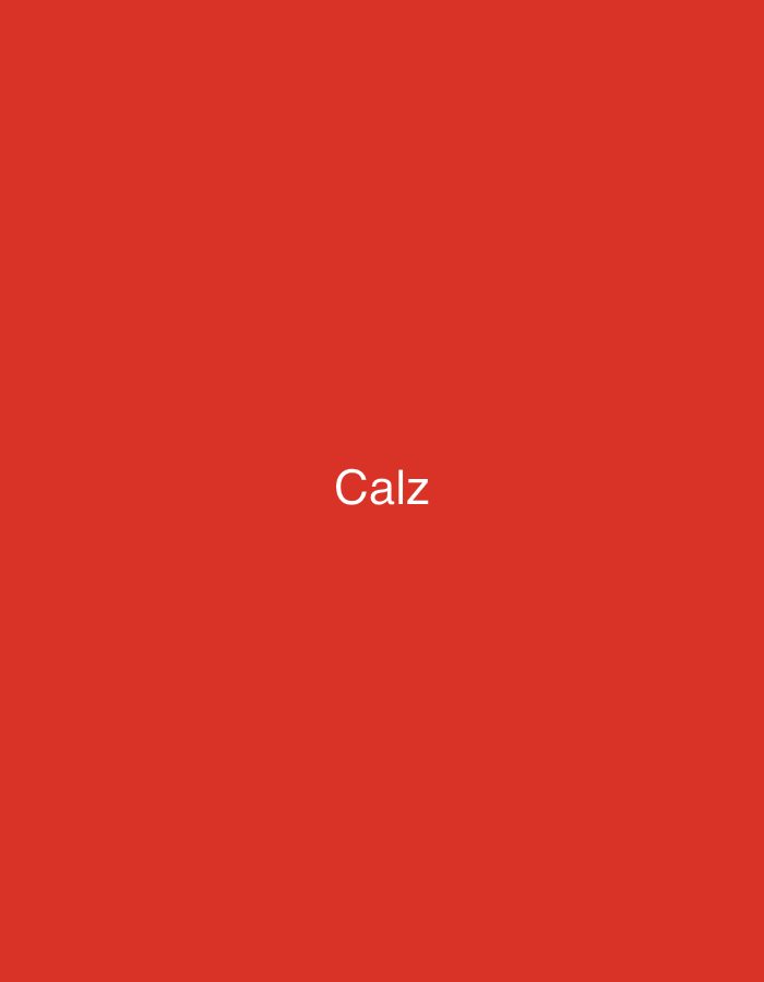 A graphic image displays the word "Calz" in white, sans-serif text, centrally positioned on a solid, uniform red background. There are no other discernible subjects, objects, people, actions, or environmental features present.