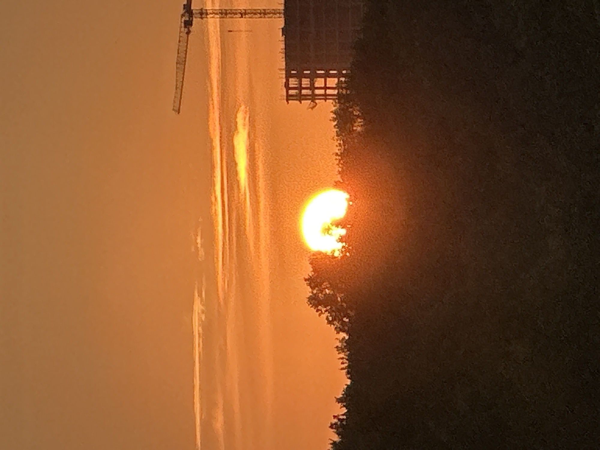 The image depicts a sunset over a city. The sun, a bright orange orb, is partially obscured by a line of trees in the foreground. Behind the trees, a partially constructed building stands, with a construction crane towering over it. The sky is a vibrant orange, with streaks of lighter clouds. The overall impression is one of an urban landscape at the end of the day. The location is Nizhny Novgorod, Russia.