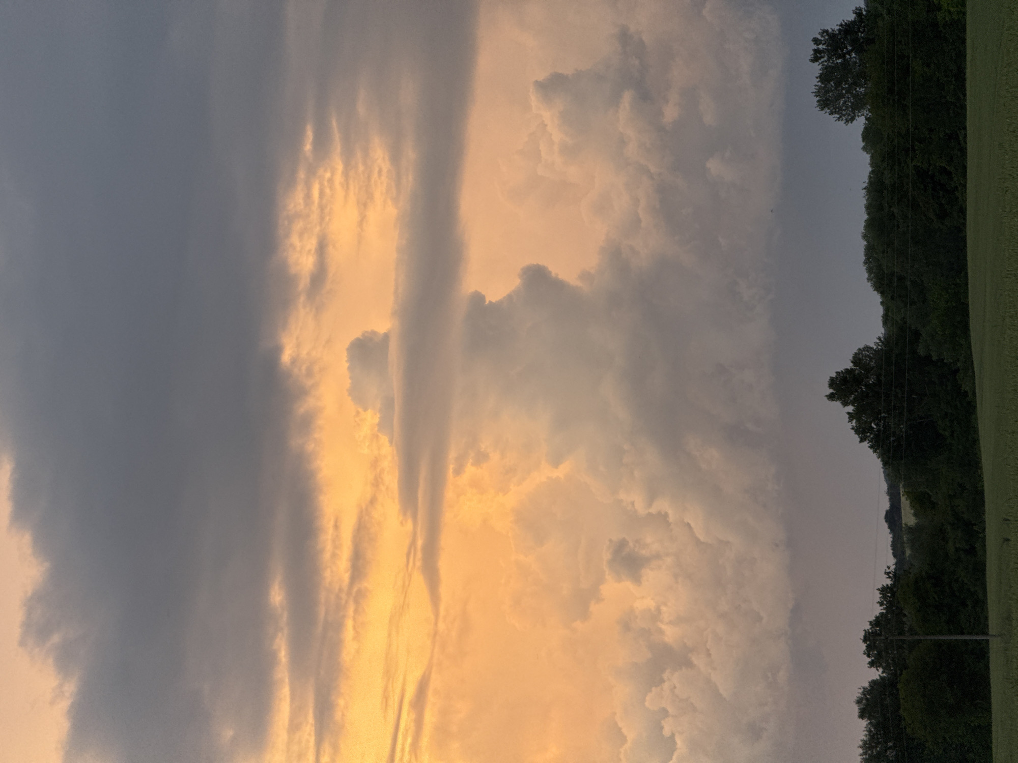 The image depicts a landscape at dusk. The sky is filled with clouds, with a distinct contrast between dark grey storm clouds on the left and brighter, orange-tinted clouds towards the center, indicative of a setting sun. A line of trees is visible on the right, bordering a green field. There are utility poles running along the treeline. Given the lack of other geographical indicators, it is not possible to determine the exact location within Strazhitsa, Bulgaria from this single image. There are no people or visible human activity in the frame. The scene primarily captures the natural landscape.