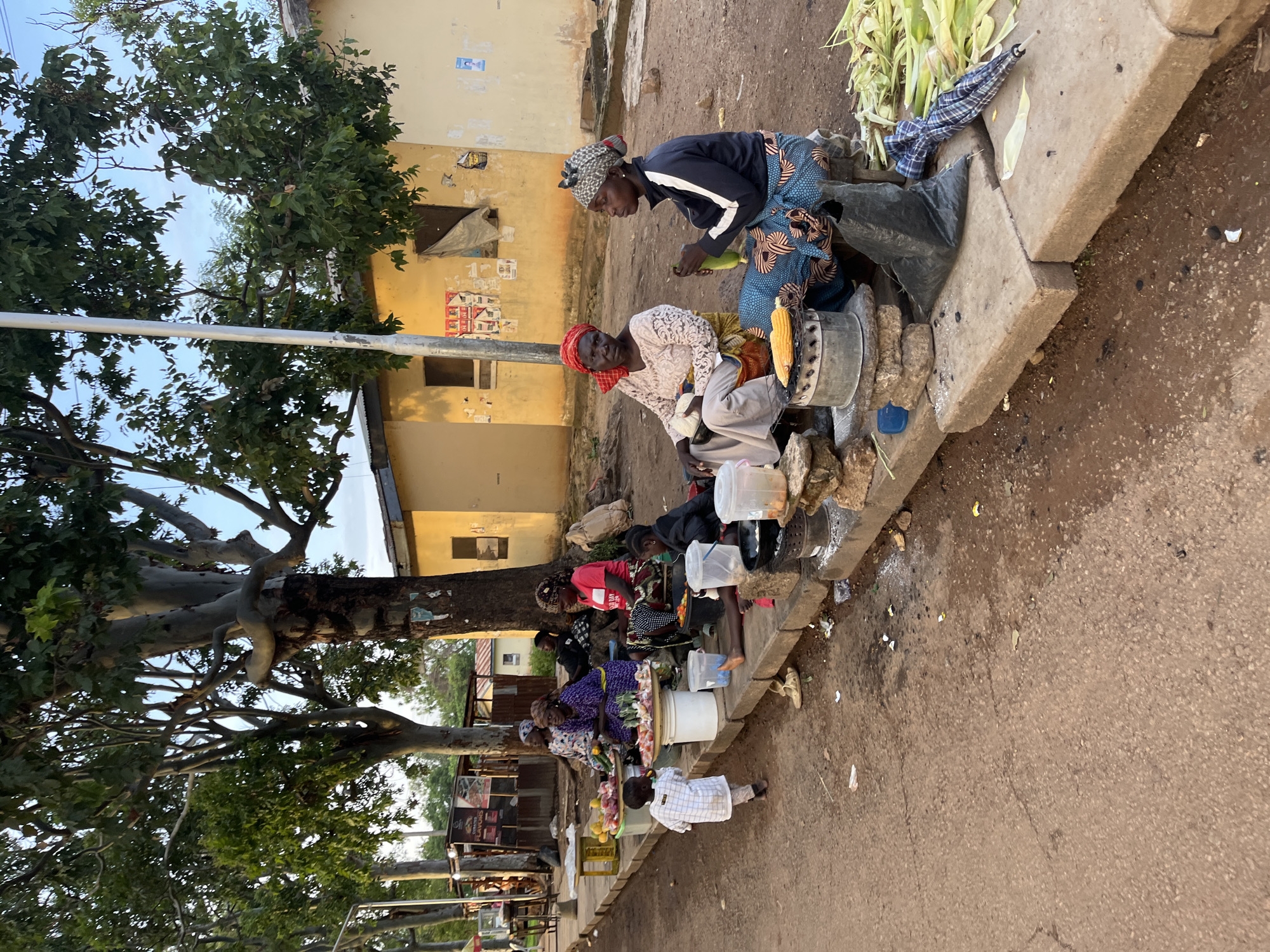 This image captures a vibrant outdoor market or street vending scene in Rafin Par, Nigeria, set along an unpaved road with simple buildings and large trees providing shade. The time of day appears to be late afternoon or early evening, with soft, ambient lighting.
The primary subjects are several women vendors and at least one child. In the foreground, two women are actively engaged in selling. One woman, wearing a light-colored patterned top and a red headscarf, is seated beside a metal pot, seemingly roasting corn on coals, with several corn cobs visible. Next to her, another woman, dressed in a dark jacket, blue patterned wrap, and a patterned head covering, stands and appears to be peeling an item, possibly another corn cob or vegetable.
Further along the dirt path, more vendors, predominantly women, are seen with their wares. One stall prominently displays colorful fruits arranged on a white surface, attracting the attention of a young boy in a plaid shirt who stands nearby. Other objects visible include various plastic containers, some potentially holding drinks, and simple market setups made of buckets and crates. The ground is a mix of dirt and scattered debris, indicating a well-trafficked area.
In the background, faded yellow/beige buildings are visible, some adorned with posters and papers, though any text on them is illegible. A white utility pole stands near the foreground vendors. The scene depicts a slice of daily life, with people engaged in commerce and community interaction.