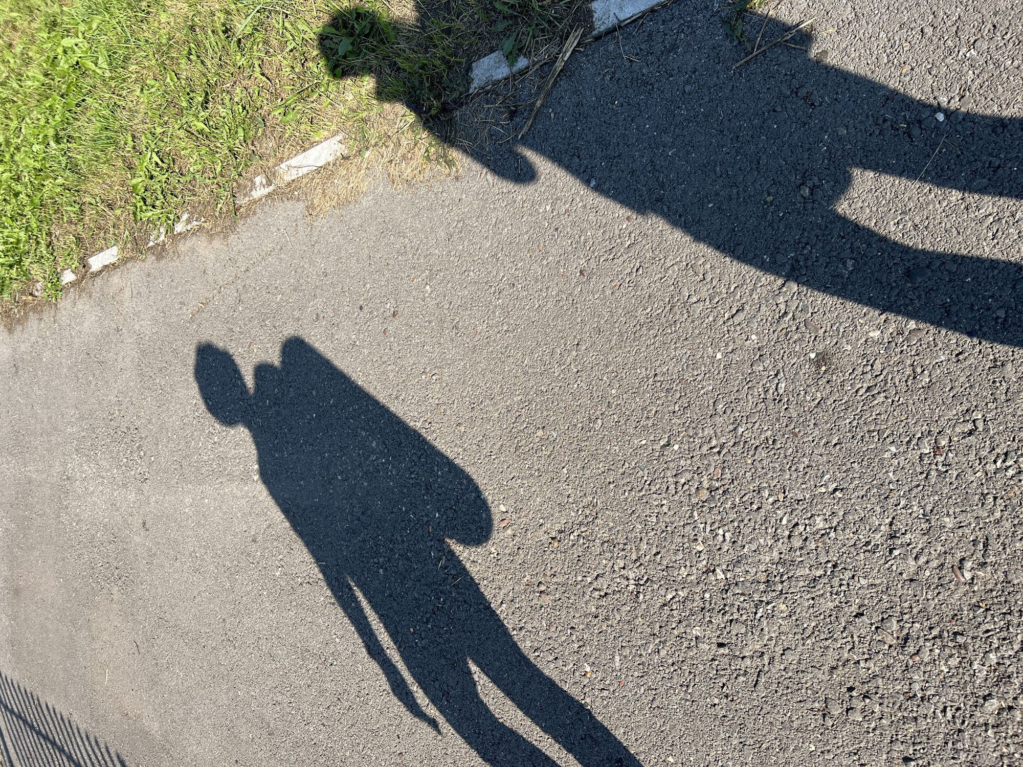 The image depicts two shadows cast on an asphalt surface, likely a walkway or path. The shadow on the left is of a person walking, with their arm extended forward and a distinct shadow of a head. The shadow on the right is also of a person, appearing to be walking alongside the first. The ground is asphalt, with a grassy verge and some concrete edging to the right. The lighting suggests it is daytime, with the sun casting long shadows. The location is identified as Salavat, Russia, implying an outdoor urban or suburban setting.