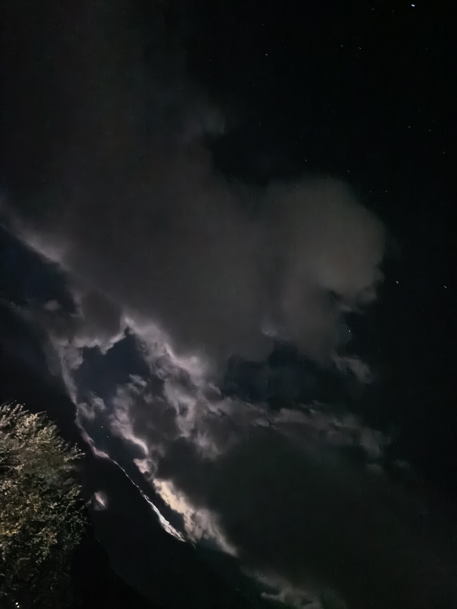 The image shows a night sky with prominent, dark clouds. Some stars are visible in the upper right portion of the image. A tree is present in the lower left corner. The location is unknown.