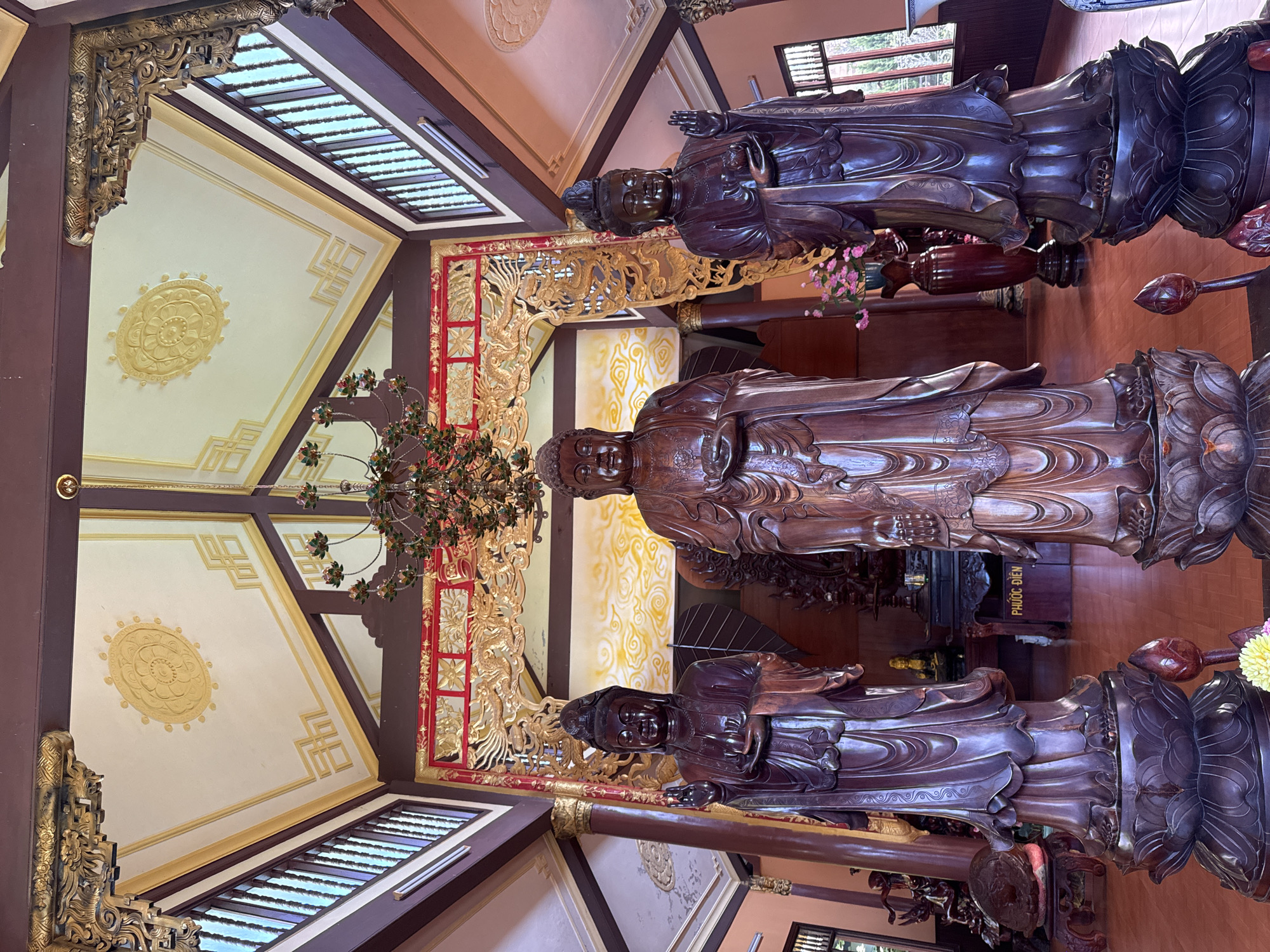 The image depicts the interior of a Buddhist temple in Da Lat, Vietnam, likely a temple or pagoda. In the foreground, three large, dark wooden statues of Buddhist figures stand prominently. The central figure is slightly larger than the two flanking figures, which appear to be female deities, possibly Guanyin. All three figures are standing on ornate lotus bases and are holding objects in their hands.
The temple interior features a high, vaulted ceiling with intricate golden decorative moldings and a large circular medallion. Dark wooden beams support the ceiling structure. A decorative chandelier hangs from the center of the ceiling. Behind the statues, an elaborately carved golden archway with red accents frames a backdrop of swirling yellow patterns.
To the right of the central statue, a dark red vase holds a bouquet of pink flowers. Further back, another smaller golden statue is visible, along with various other wooden artifacts and furniture. A wooden sign with Vietnamese text, "PHUOC DIEN," is placed on a pedestal to the right of the central statue. The floor is made of polished wooden planks. Natural light enters from windows on the right side of the image, which have slatted wooden coverings. The overall atmosphere is serene and ornate, typical of a Buddhist sacred space.
