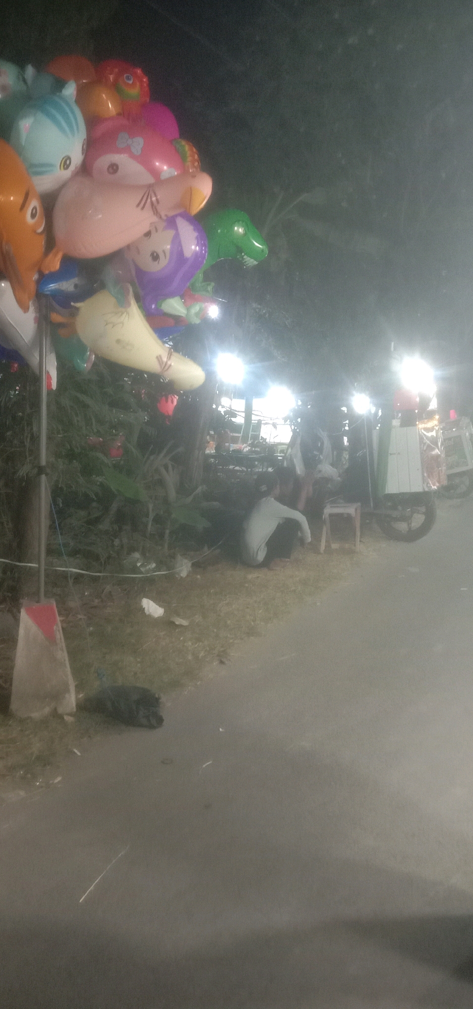 In Banjar Dowo, Indonesia, a cluster of brightly colored, character-shaped balloons, including a green dinosaur, a pink cat, and an orange fish, is tethered to a pole on a roadside at night. In the background, a person is crouched near a cart with lights, suggesting a street vendor or stall. The scene is dimly lit, with artificial lights illuminating the area. A black plastic bag lies on the grassy verge next to the paved road.