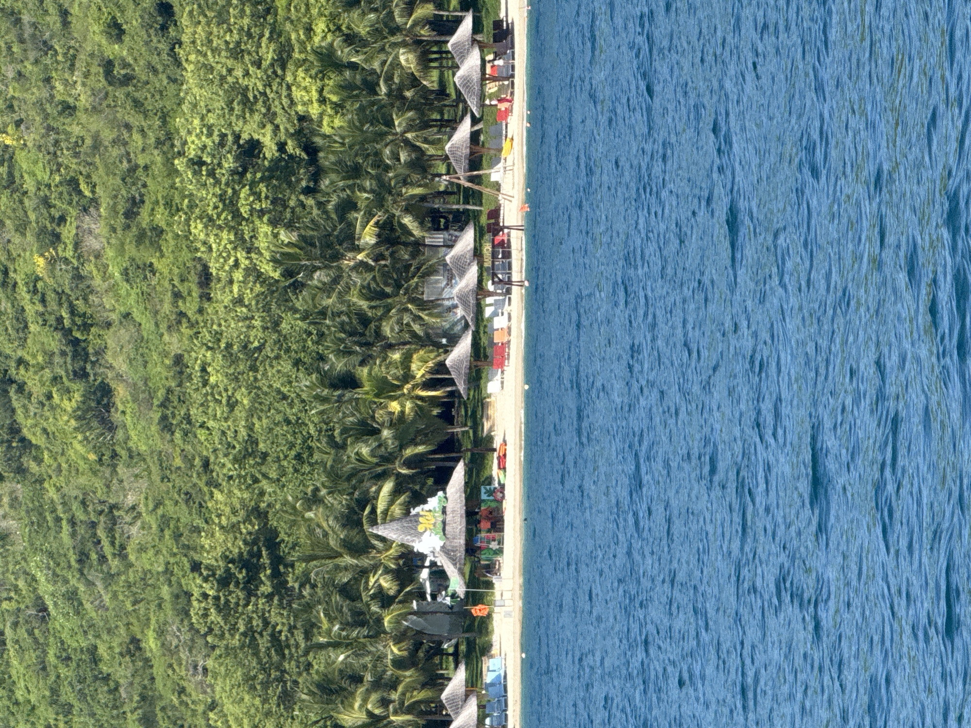 The image depicts a scenic view of a tropical beach with the turquoise waters of the sea in the foreground. The beach is lined with palm trees and lush green hills in the background. Several thatched-roof umbrellas are set up on the sand, providing shade for beach chairs and loungers. A few people are visible on the beach, some are sitting under the umbrellas, and others are near the water. In the center of the image, there is a distinctive cone-shaped structure that appears to be part of a beach bar or restaurant. Various recreational items, such as kayaks and life vests, are scattered on the sand, suggesting a lively beach atmosphere. The overall scene evokes a sense of a relaxing tropical getaway. The location is identified as Nam Nha Trang Ward, Vietnam.