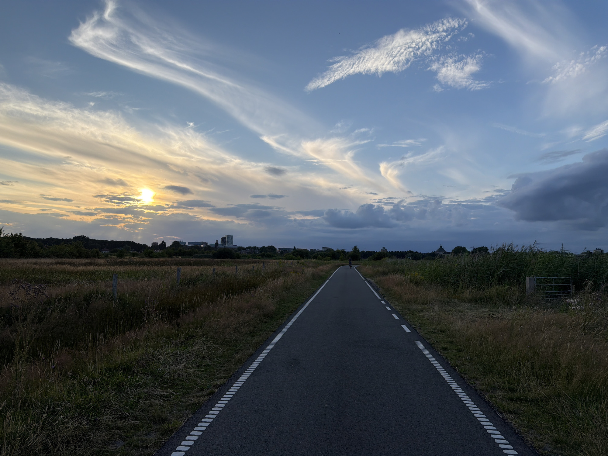 The image depicts a paved pathway stretching into the distance, bordered by dry grass and reeds. A lone figure, possibly a cyclist or runner, is visible in the far distance on the pathway. The sky is partly cloudy with streaks of cirrus clouds illuminated by the setting sun. The sun is low on the horizon, casting a warm glow on the clouds and the western portion of the sky. In the background, a tree line separates the field from a cityscape that includes several buildings, one of which is a tall, modern structure. The overall scene suggests an outdoor recreational area on the outskirts of a city, likely during the late afternoon or early evening.