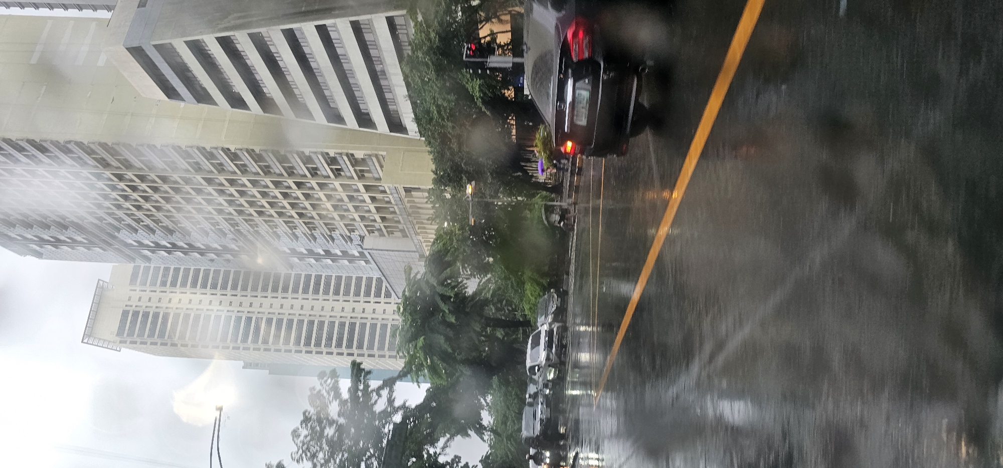 The image shows a street scene in Makati, Philippines, during a heavy rain. The road surface is wet and reflects the surrounding environment, indicating a downpour. In the background, several tall modern buildings dominate the skyline, characteristic of the city's urban landscape. A traffic light is visible, showing red, suggesting vehicles are stopped. Cars are present on the road, some appearing to be moving slowly through the wet conditions. Trees and foliage line the sides of the street, their leaves appearing wet and dark from the rain. The overall atmosphere is overcast, typical of rainy weather.