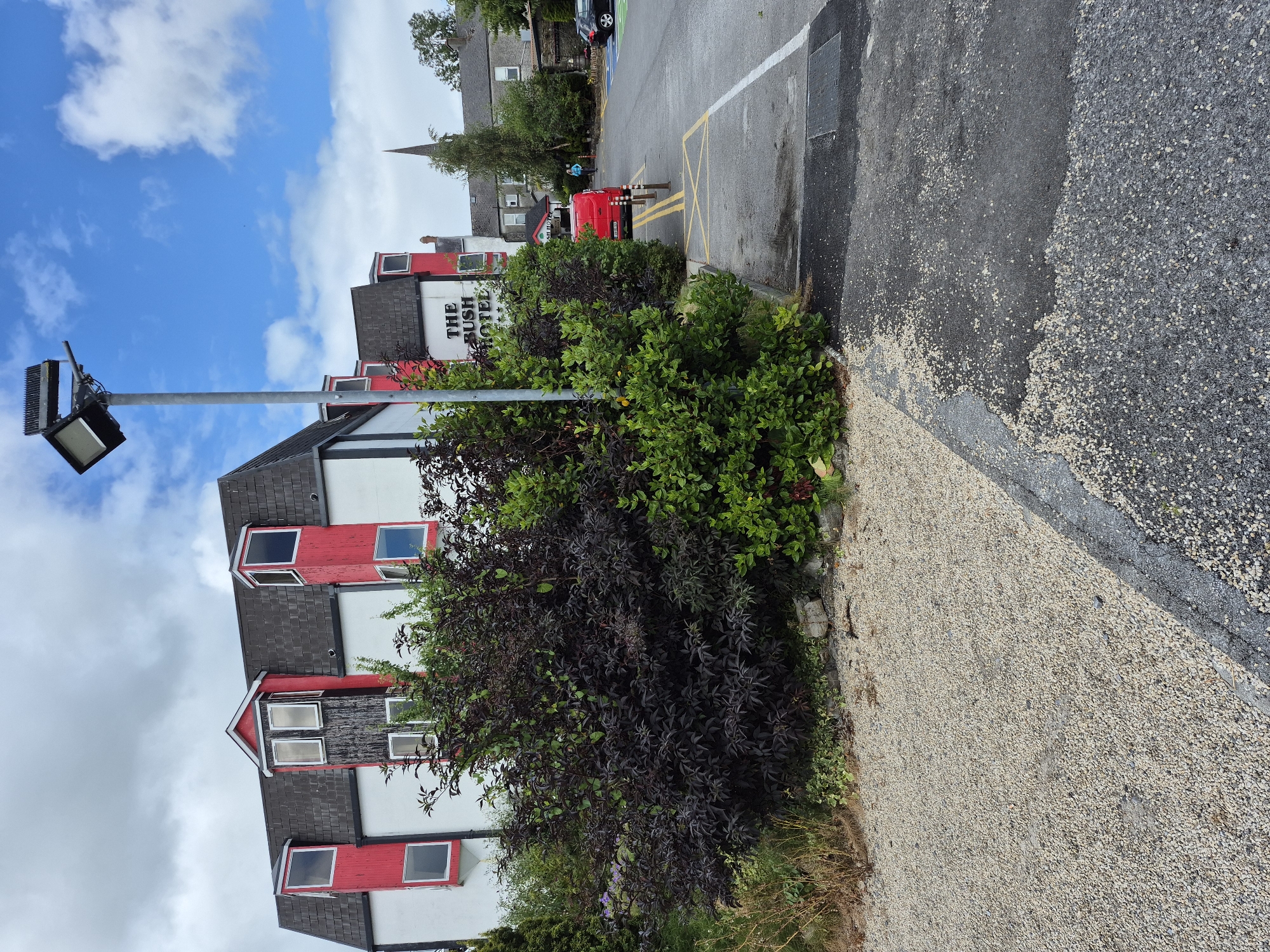 This is a full, eye-level, outdoor, medium shot of The Bush Hotel in Carrick-On-Shannon, Ireland, captured on a cloudy day with patches of blue sky. The hotel's white facade is visible with red accents around several dormer windows. Lush green and dark purple bushes and plants are in the foreground, obscuring the lower portion of the hotel. A grey, gravelly area is to the left, and a paved parking lot with yellow parking lines and bollards is to the right. A red van is parked in the lot. In the background, a church spire can be seen above the hotel's roofline, and a few trees and other buildings are visible. A large spotlight on a pole is positioned above the hotel.