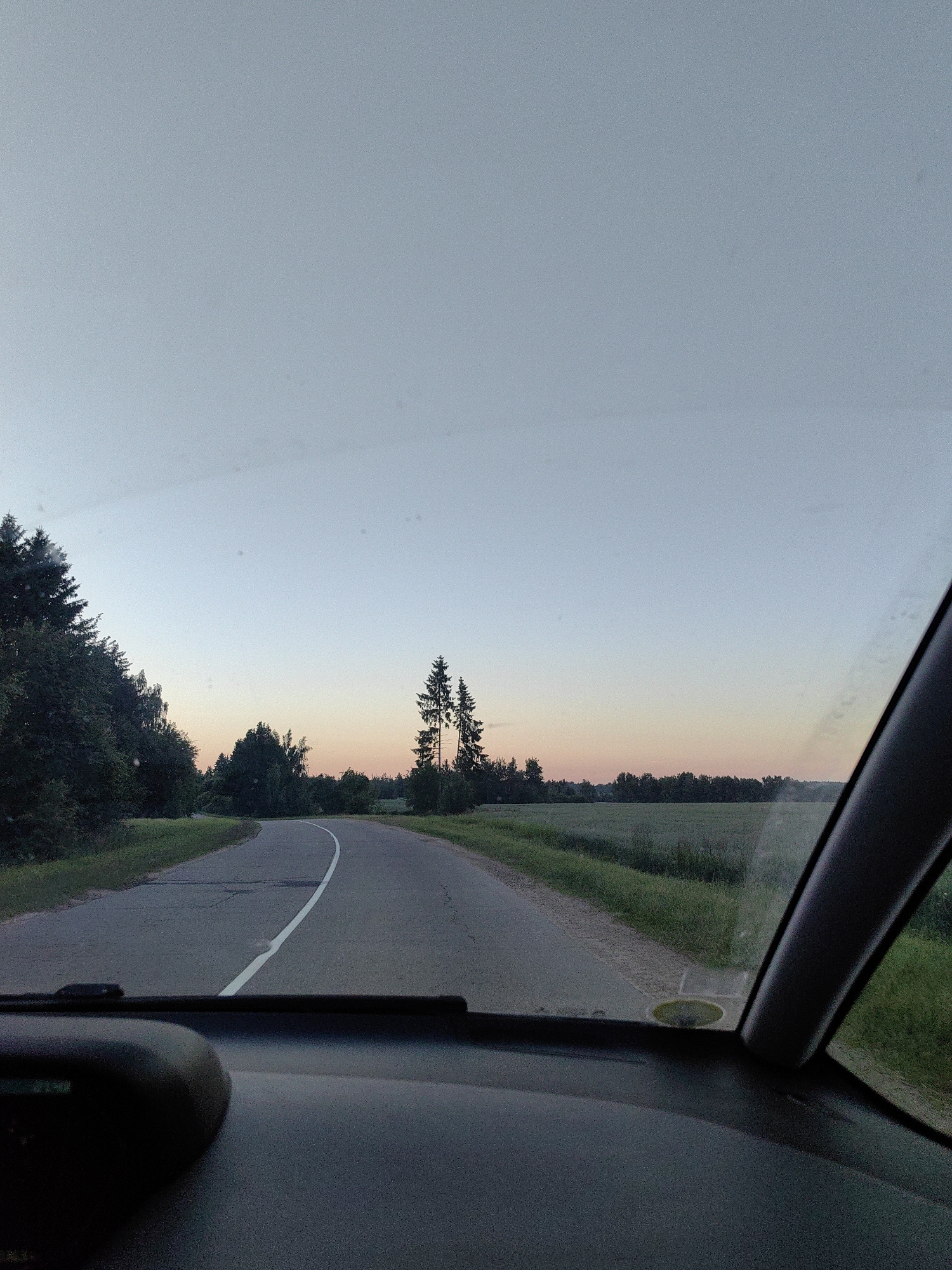 This is a POV shot from a car driving on a rural road at dusk, with the sky transitioning from light blue to soft pink. The road curves to the left, bordered by green grass and dense trees on the left, and a cultivated field on the right. Two tall evergreen trees stand prominently in the distance. The car's dashboard and windshield are visible in the foreground. The location is the vicinity of Дзямідавіцкі сельскі Савет, Belarus, indicated by the characteristics of the rural landscape and road infrastructure.