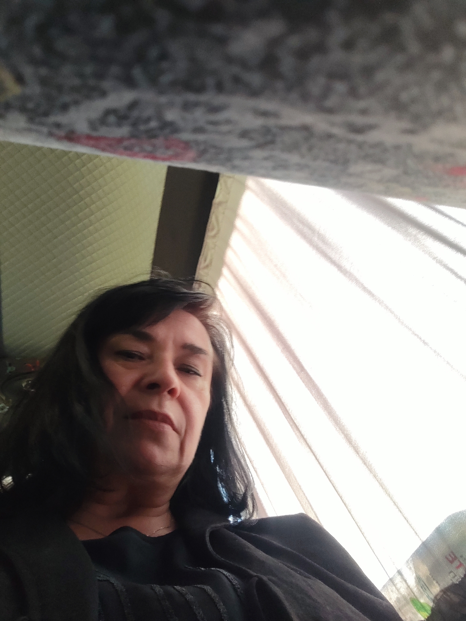 A woman with dark hair and a black shirt is visible in the foreground of the image. She appears to be indoors, with a patterned ceiling overhead and light filtering through sheer curtains in the background. A green quilted surface is also visible on the left side of the image. The overall lighting is bright, with strong shadows cast by the curtains.