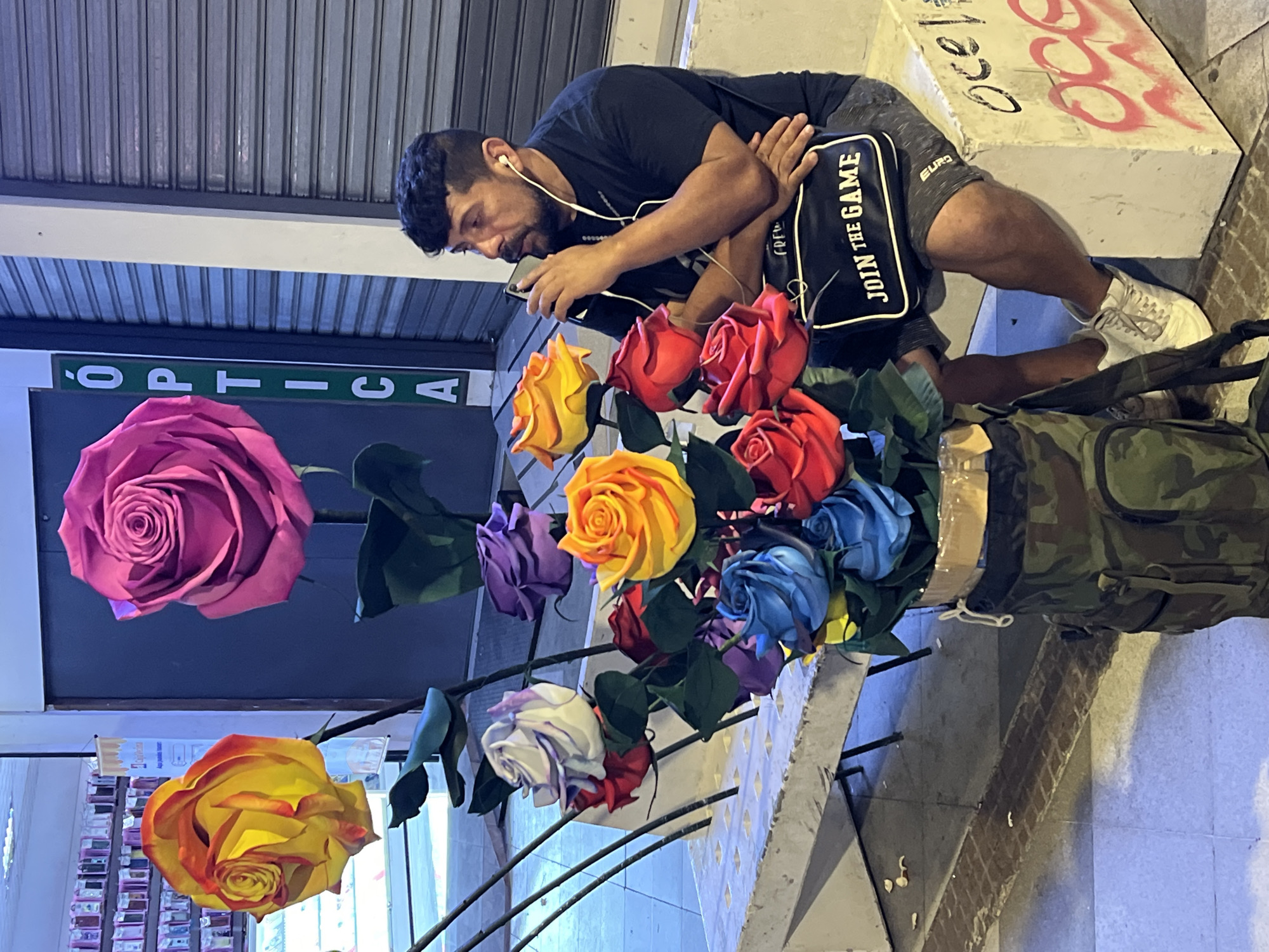 A medium shot shows a man kneeling on a sidewalk in Arica, Chile. The man is tan with dark hair, wearing a dark shirt and gray shorts. He is focused on his phone. He is wearing earbuds. He is kneeling behind a large bouquet of colorful fabric roses. The roses are varying colors, including purple, yellow, blue, red, and white. The bouquet is held together with tape and sitting on a metal rack. Beside the roses is a green camouflage bag. A sign saying "OPTICA" is visible in the background. A cement block and wall are in the background.
