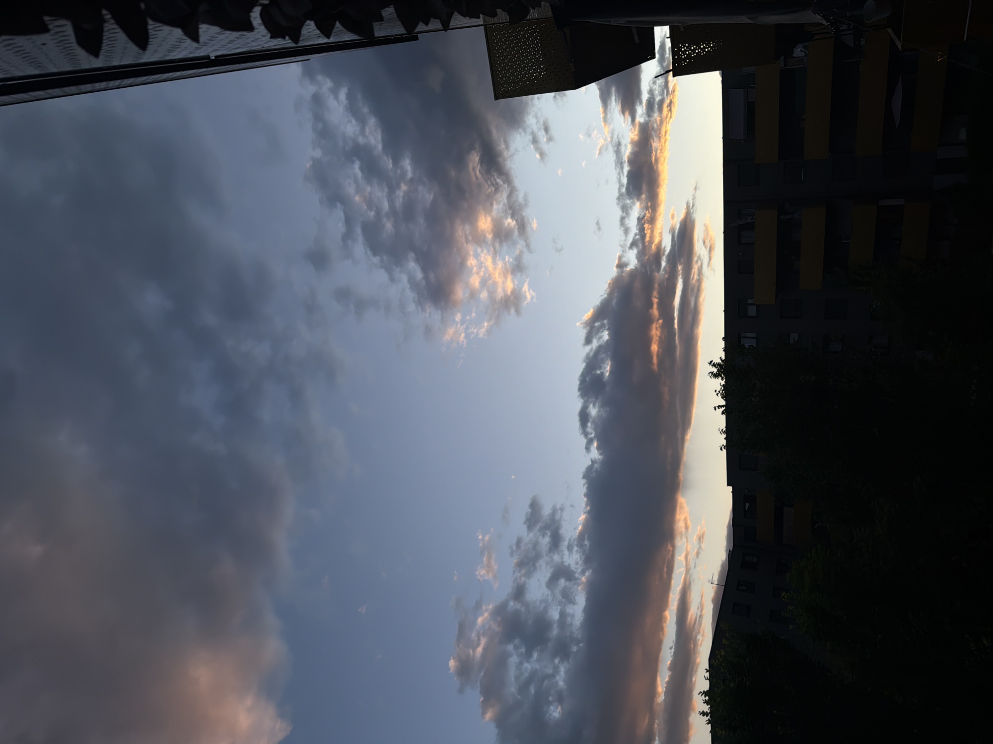 The image captures an urban or suburban landscape at either sunrise or sunset, viewed from a slightly elevated position. The sky occupies the majority of the frame, filled with a complex formation of clouds. Dark, heavy grey-blue clouds dominate the upper portion and central-left, while lower and mid-level clouds are illuminated with warm orange, pink, and peach hues, particularly in the lower-middle and mid-right sections, indicating direct sunlight from below the horizon. The sky color transitions from a deep blue-grey at the top to a lighter, pale blue near the horizon. Below the cloud line, the upper portions of multi-story residential buildings are visible in silhouette against the sky. The building on the left is dark grey with visible window openings and a television antenna on its roof. The building on the right features several distinctive yellow-orange balconies and what appears to be a decorative, perforated panel of similar color on an adjacent structure or an extension of the balcony system on the far right. Dense, dark green foliage, likely trees and bushes, is silhouetted in the foreground and at the base of the buildings, obscuring their lower sections. On the extreme right, parts of a balcony structure are visible, including a white bucket placed on a railing and a silhouetted hanging object or plant. No people are visible in the scene. The precise location in the city of Strasbourg, France, cannot be independently confirmed from the visual information present in the image.