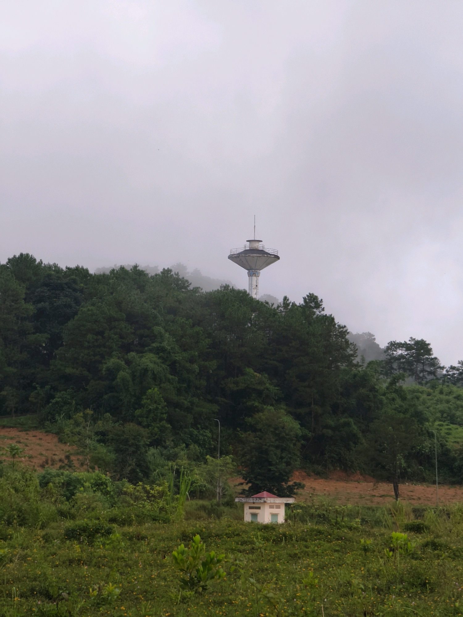 A wide shot captures a water tower and a small building in Bờ Y, Vietnam, on a misty, overcast day. The water tower, perched on a hill amidst dense green trees, is primarily white with a gray, conical top and a thin antenna. Below the tower, a small, rectangular building with a red, sloping roof sits in a grassy field dotted with yellow flowers. The field extends towards the foreground, with lush green vegetation. The background is dominated by a dense forest that climbs a hillside, partially obscured by mist. The sky is a uniform gray, contributing to the muted atmosphere.