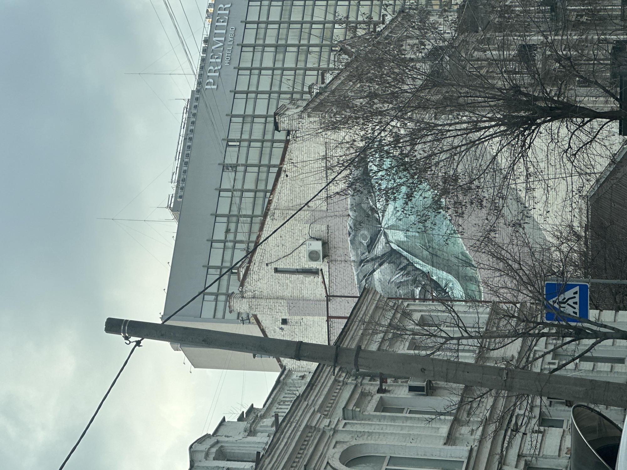 The image depicts a street scene in Kyiv, Ukraine, showing a tall building with the signage "PREMIER HOTEL LYBID". The building appears to be a hotel and it towers over an older, shorter white building with architectural details. A mural or large artwork is visible on the side of the older building. In the foreground, there's a utility pole with wires and a pedestrian crossing sign, partly obscured by a bare tree. The sky is overcast, suggesting a gray or cloudy day. There are no visible people in the shot.