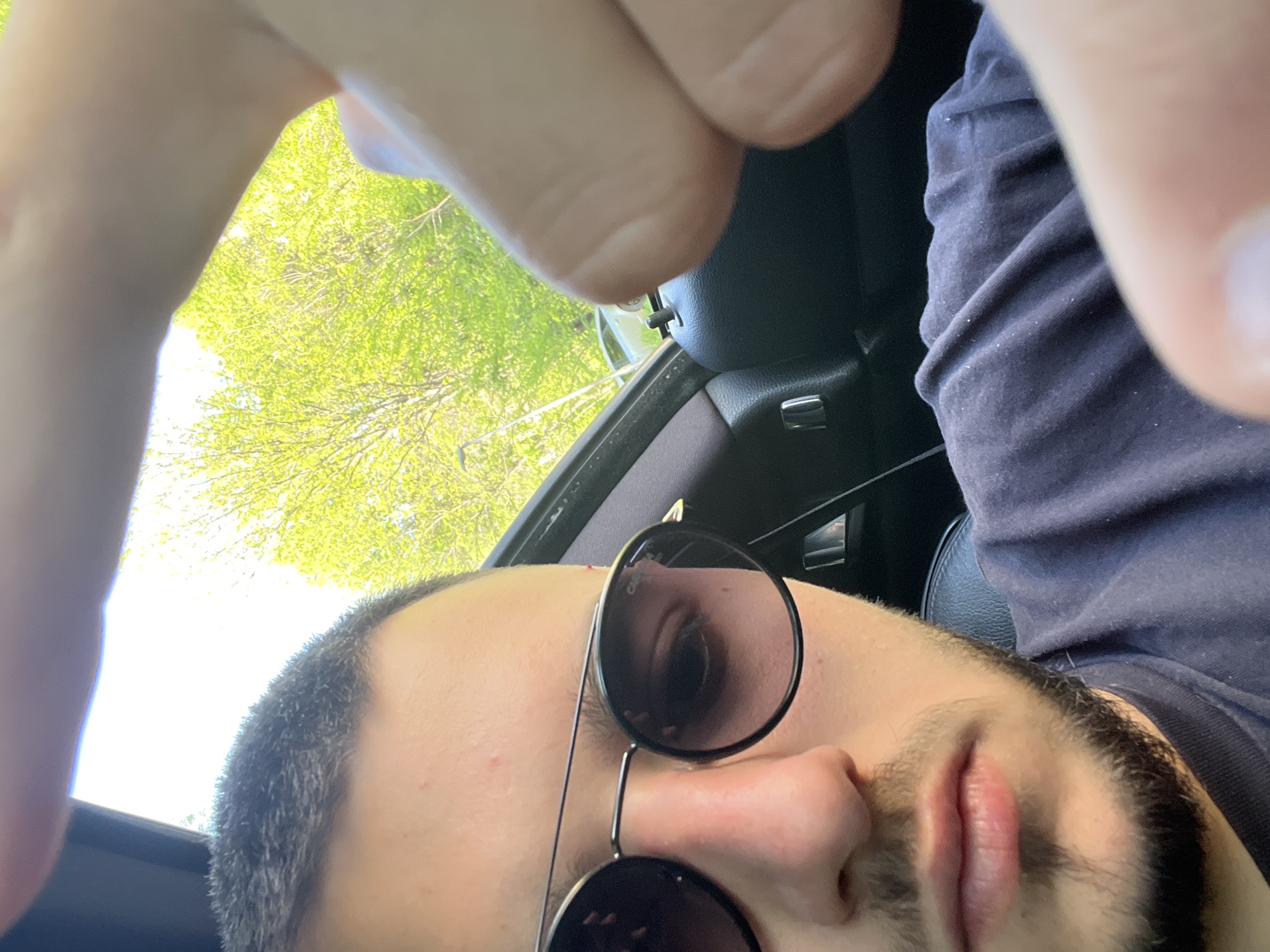 This is a low-angle, close-up selfie captured from inside a car in Plovdiv, Bulgaria, with the subject's face oriented sideways (rotated clockwise). The primary subject is a man with short, dark hair and a dark beard or stubble. He is wearing dark, round sunglasses that obscure his eyes. His lips are slightly parted. He is dressed in a dark blue t-shirt, which appears to have some small light specks on it.
The scene places the man within a vehicle, with parts of the dark car interior visible, including a headrest, a door panel with a silver button/switch, and a window frame. The background, seen through the car's opening (possibly a sunroof or open window), shows bright daylight illuminating a lush canopy of green tree leaves against a very bright sky. This indicates a sunny daytime. The activity is a casual selfie, suggesting a moment of relaxation or travel. No discernible text is visible.