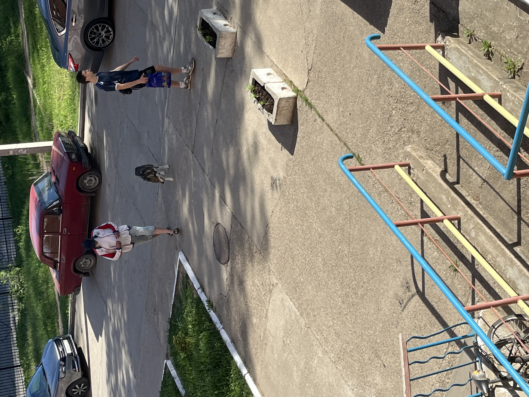 The image depicts an outdoor scene in what appears to be a residential area. Two people are present: one wearing a dark shirt and blue shorts, and another wearing a white jacket and grey shorts. A dog is present near them. There are two cars parked, one red and one grey. Plant containers are also visible. A staircase and a bicycle are visible on the right. The photograph appears to have been taken in Chaikovsky, Russia.