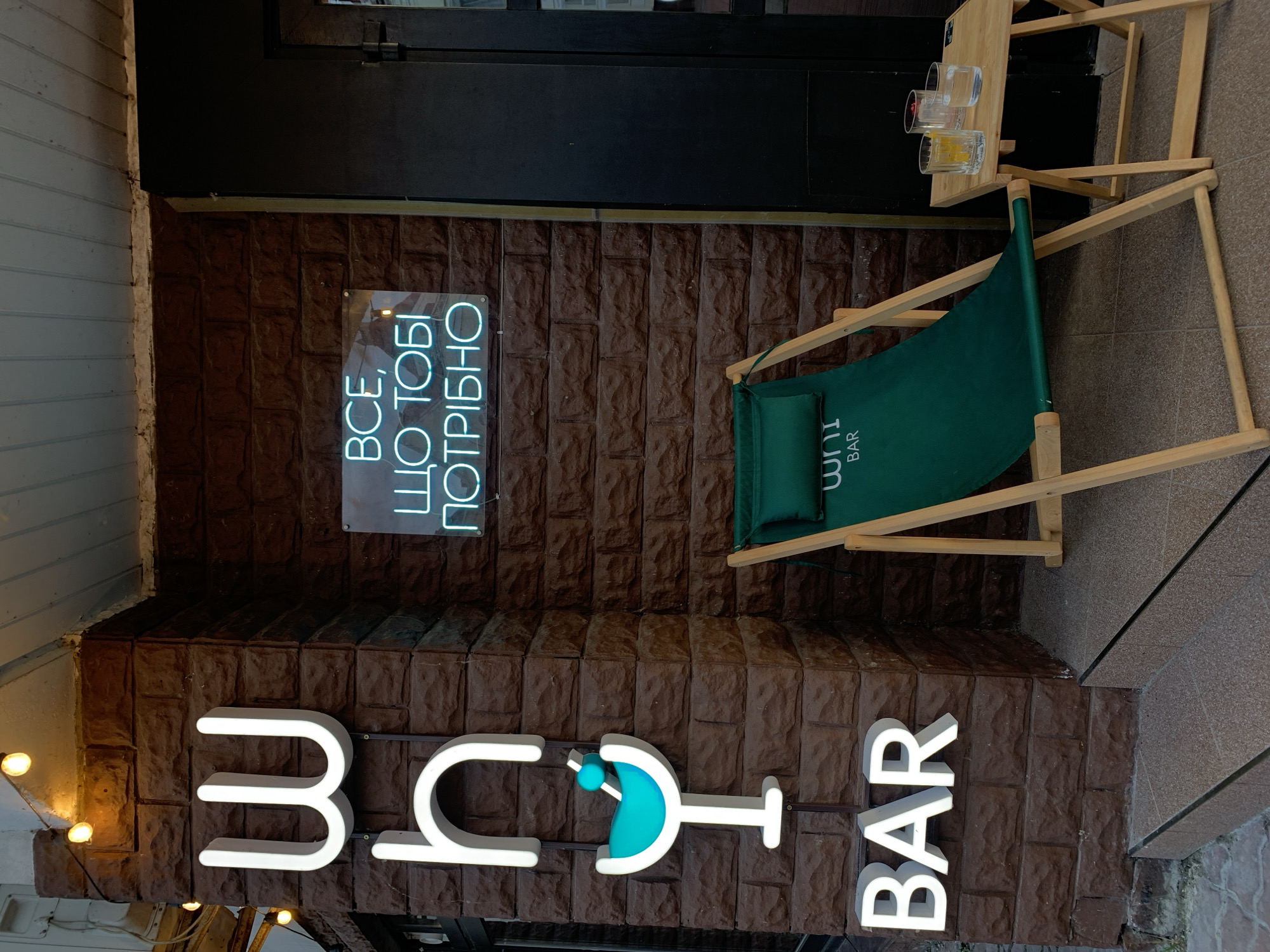 The image shows the entrance to "Щучій BAR" in Kyiv, Ukraine. The exterior of the building has a brown, textured brick facade. Illuminated white lettering spells out "Щучій BAR" vertically, with the "i" in "Щучій" replaced by a stylized cocktail glass filled with turquoise liquid. Above the bar's name, a neon sign in Ukrainian reads "ВСЕ, ЩО ТОБІ ПОТРІБНО" (Everything you need). A wooden folding chair with a green cushion sits to the right of the door. A small wooden table beside the chair holds several glasses. The background includes a dark door and hints of the street environment.