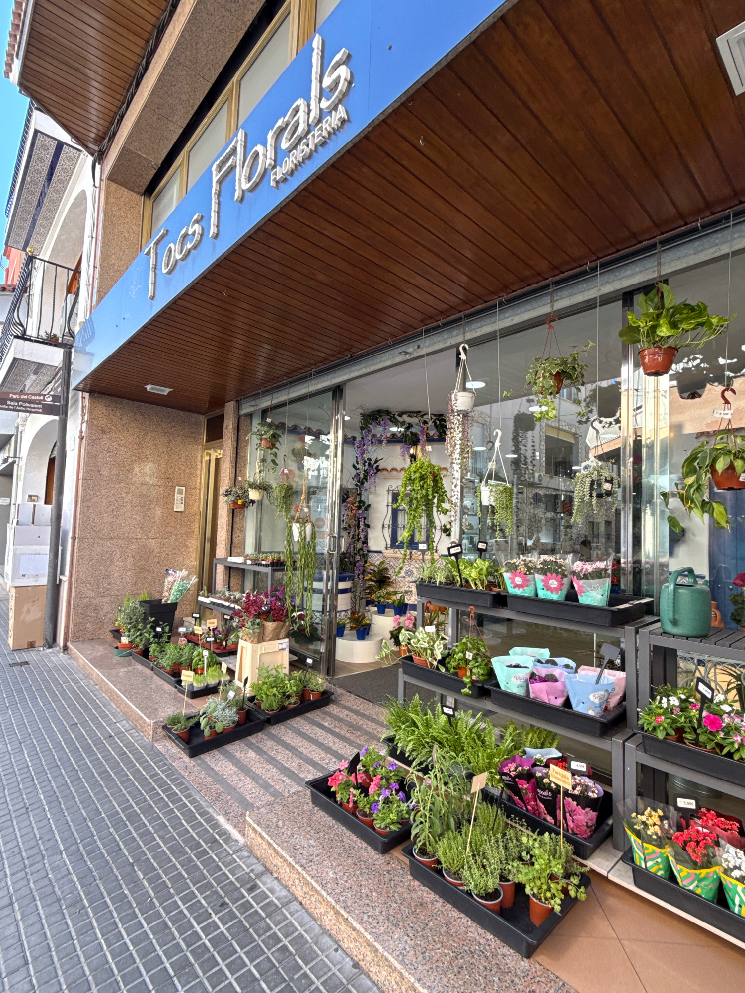 This image shows a florist shop located in Malgrat De Mar, Spain. The shop, named "Tocs Florals Floristeria", has a blue awning with white lettering above a large glass storefront displaying an assortment of plants and flowers. Inside the shop, various potted plants are visible, including hanging plants. Outside the storefront, several black display racks hold a variety of potted plants and floral arrangements. Some plants are in brown plastic pots, while others are in decorative colorful paper sleeves. A green watering can is positioned on a display rack. The ground in front of the shop is paved with gray square tiles, and a granite-like step leads up to the entrance. A street sign is visible on the left side of the image, indicating "Parc del Castell" and "Sala Polivalent (Sala d'Actes Hospital)". The architecture suggests a Mediterranean setting. There are no people visible in the image.