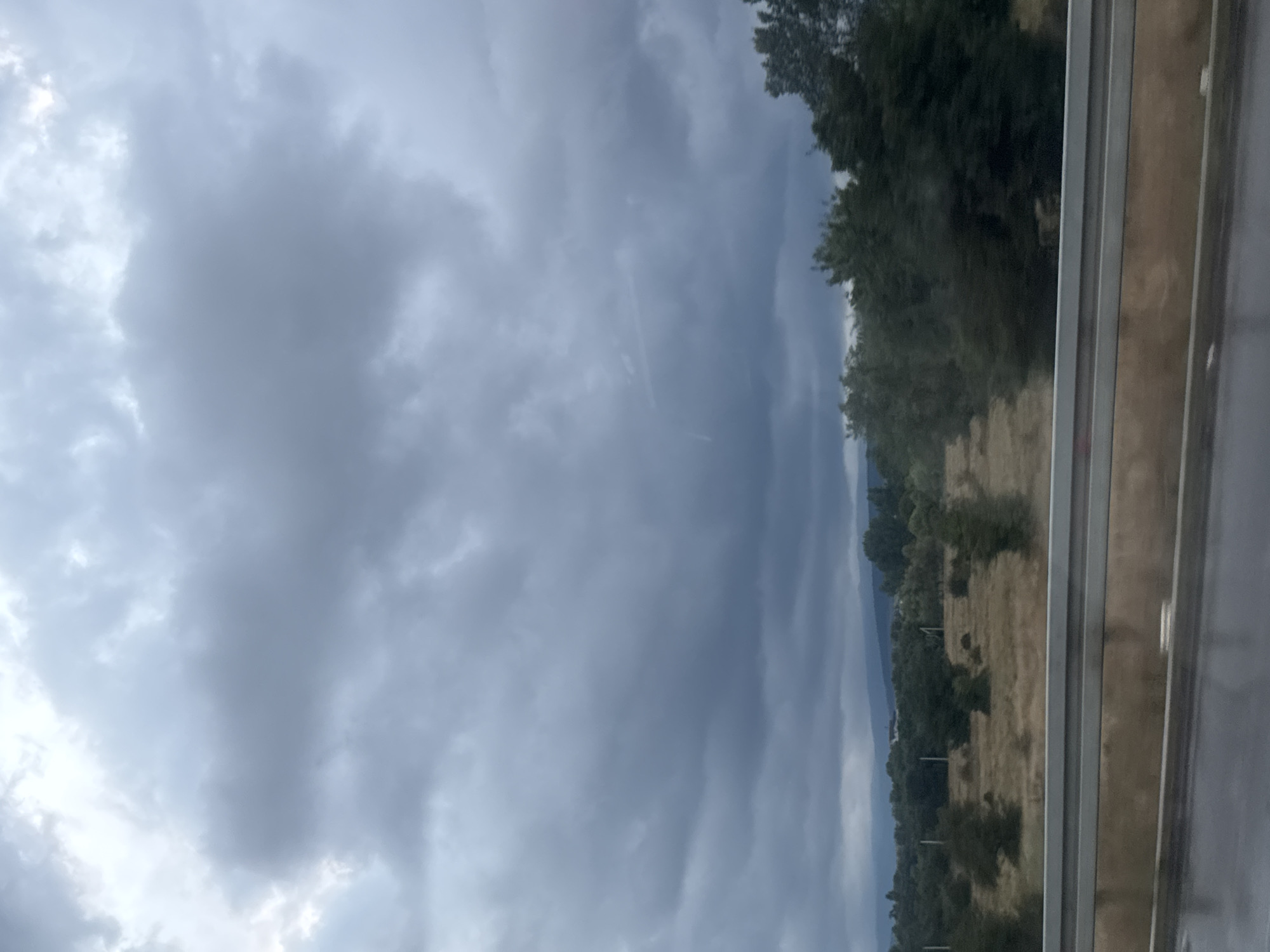 The image captures a landscape scene under a cloudy sky, possibly taken from a moving vehicle. In the foreground, a reflective wet surface, likely a road, is visible. A metallic guardrail with two horizontal bars separates the road from the landscape beyond. The landscape itself features dry, golden-brown grass interspersed with scattered trees and darker green bushes. In the mid-ground, a line of trees forms a dense border, behind which a distant, hazy mountain range can be observed. The sky is dominated by heavy, dark grey clouds, suggesting overcast weather, with a hint of lighter sky near the top. There are no people or specific identifiable landmarks within the visible portion of the scene. The overall impression is of a rural or semi-rural environment during a period of inclement weather. The location in the city of Akhalsopeli, Georgia is not explicitly identifiable from visual cues in the image.