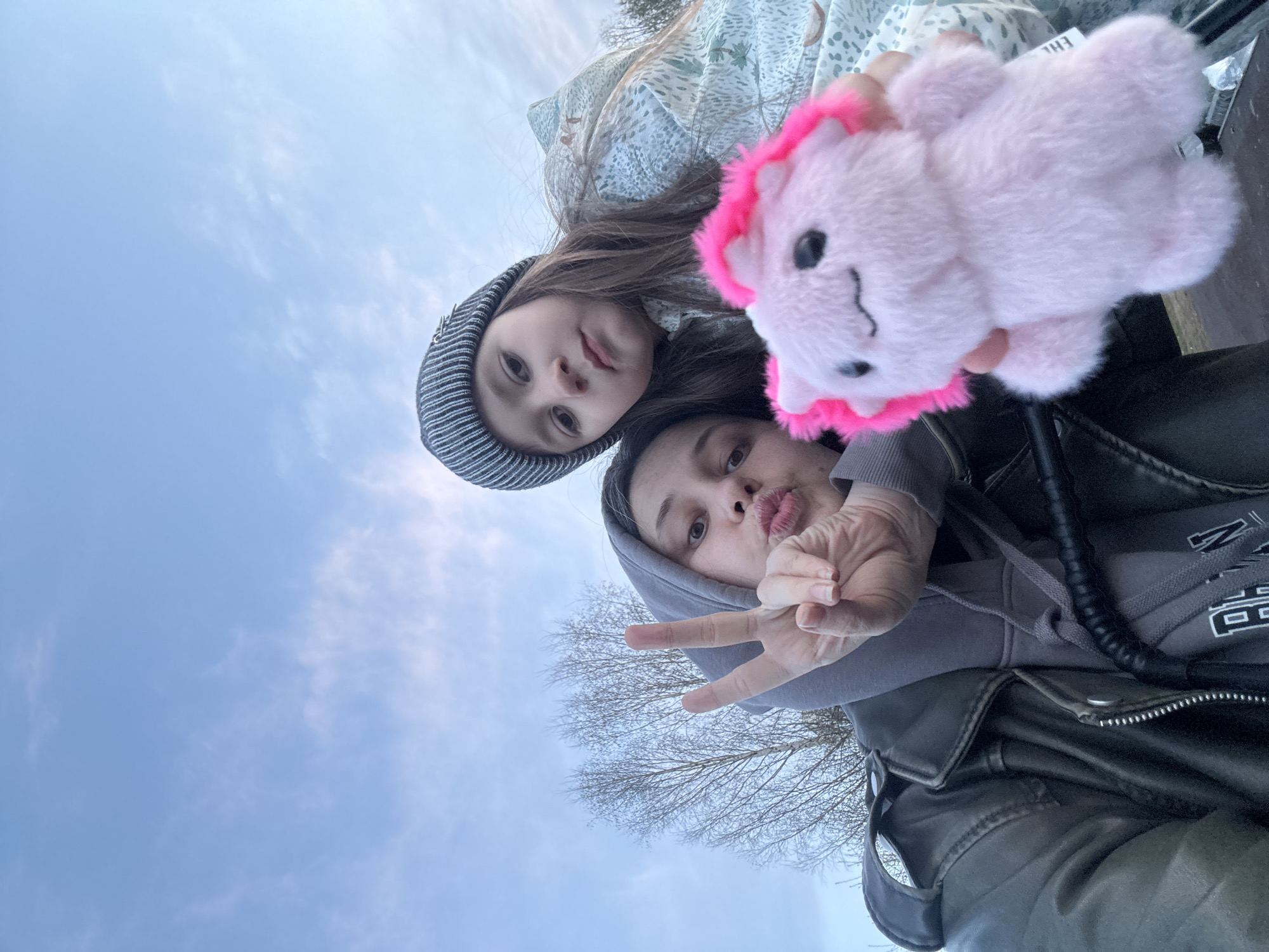 This is an upward-angled selfie taken outdoors in Chaikovsky, Russia, featuring two individuals and a pink stuffed animal against a bright blue sky. The image is rotated counter-clockwise.
In the foreground, an adult is visible on the right, wearing a grey hooded sweatshirt under a dark, possibly leather, jacket. This person is making a peace sign with their left hand and has their lips puckered in a duck face towards the camera. To their left, and slightly higher in the frame, is a younger person, likely a child. This individual wears a grey and white striped beanie and a light-colored top with a subtle green or blue pattern. They look directly at the camera with a neutral expression.
The child is holding a fluffy, light pink stuffed animal with black eyes and a faint smile, which occupies the upper right portion of the image. The stuffed animal has vibrant pink trim around its face and ears.
The background is dominated by a clear blue sky with sparse, wispy white clouds. In the lower left quadrant, bare tree branches are visible against the sky, indicating a season when trees have shed their leaves, such as late autumn, winter, or early spring. The lighting suggests it is daytime. The overall emotion conveyed is one of casual interaction and playfulness.
A small white tag with faintly visible, undecipherable text can be seen attached to the stuffed animal, and stylized white text is partially visible on the adult's hoodie, but it is not clearly legible.