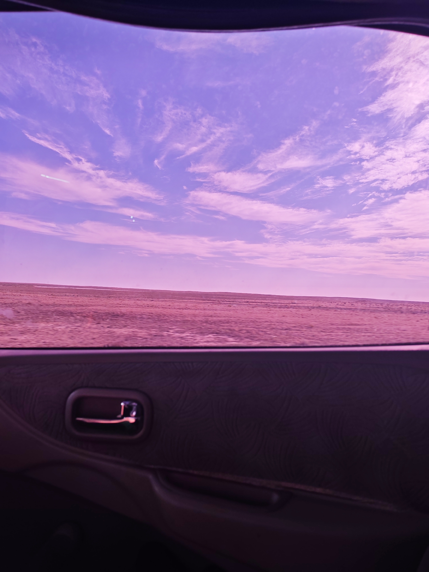The image shows a view from inside a vehicle looking out a window towards a vast, flat, open landscape under a purple-hued sky. The landscape appears to be sparsely vegetated, possibly a steppe or desert environment. Thin, wispy clouds are visible in the sky. In the foreground, the interior of the car is visible, including a door panel with a textured pattern and a silver door handle. The overall impression is one of a journey through a remote, possibly arid, region. The location is specified as Қараарна ауылдық округі, Kazakhstan.
