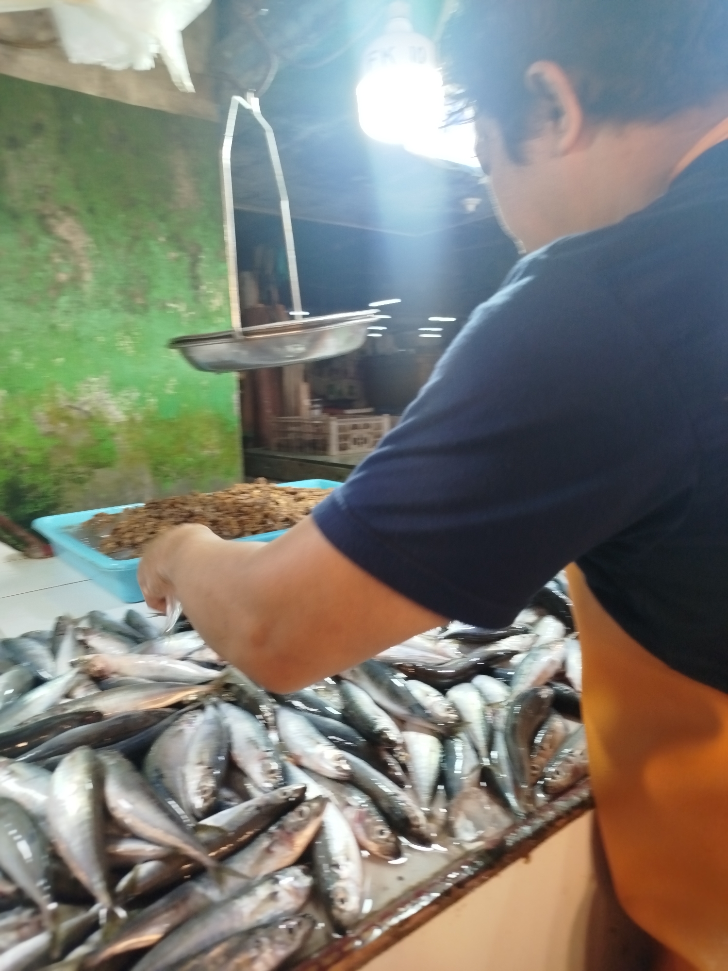 A person, wearing a dark blue t-shirt and an orange apron, is standing in what appears to be a fish market in Balikpapan, Indonesia. The person is leaning over a table laden with fresh fish, and their hands are partially obscured as they interact with the produce. In the background, a scale hangs from a support structure, and a blue tray filled with smaller, dried food items is visible. The environment is dimly lit, with a bright light source in the upper right corner, casting a glare. The walls in the background are green and appear weathered. The overall scene captures a moment of transaction or preparation at a local market.