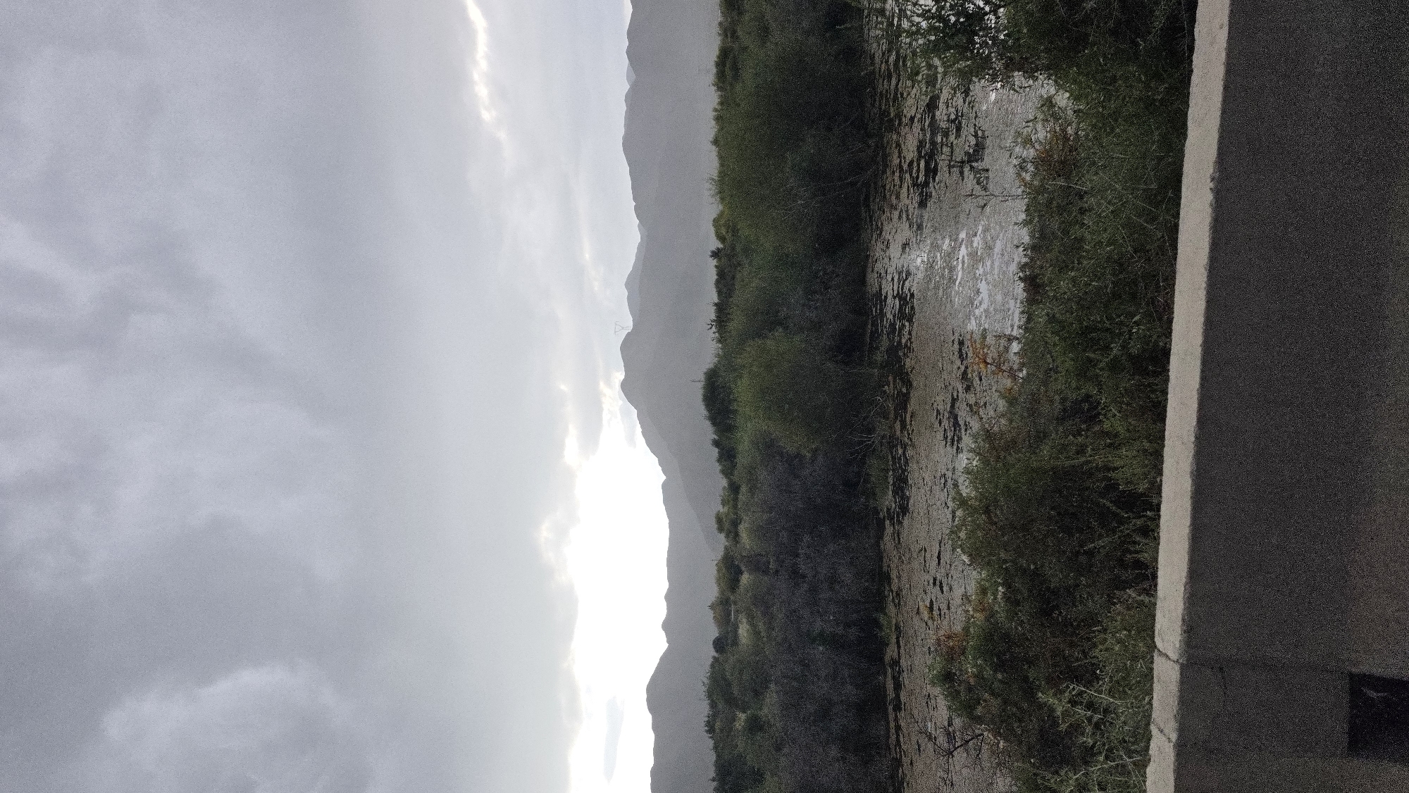 The image depicts a landscape scene with a cloudy sky over a body of water bordered by vegetation and mountains in the distance. The foreground features a concrete barrier. The environment appears to be a natural setting with a focus on the water and surrounding plant life. There are no people or explicit actions visible in the image. The lighting suggests an overcast day. The location is identified as Semiz-Bel, Kyrgyzstan.