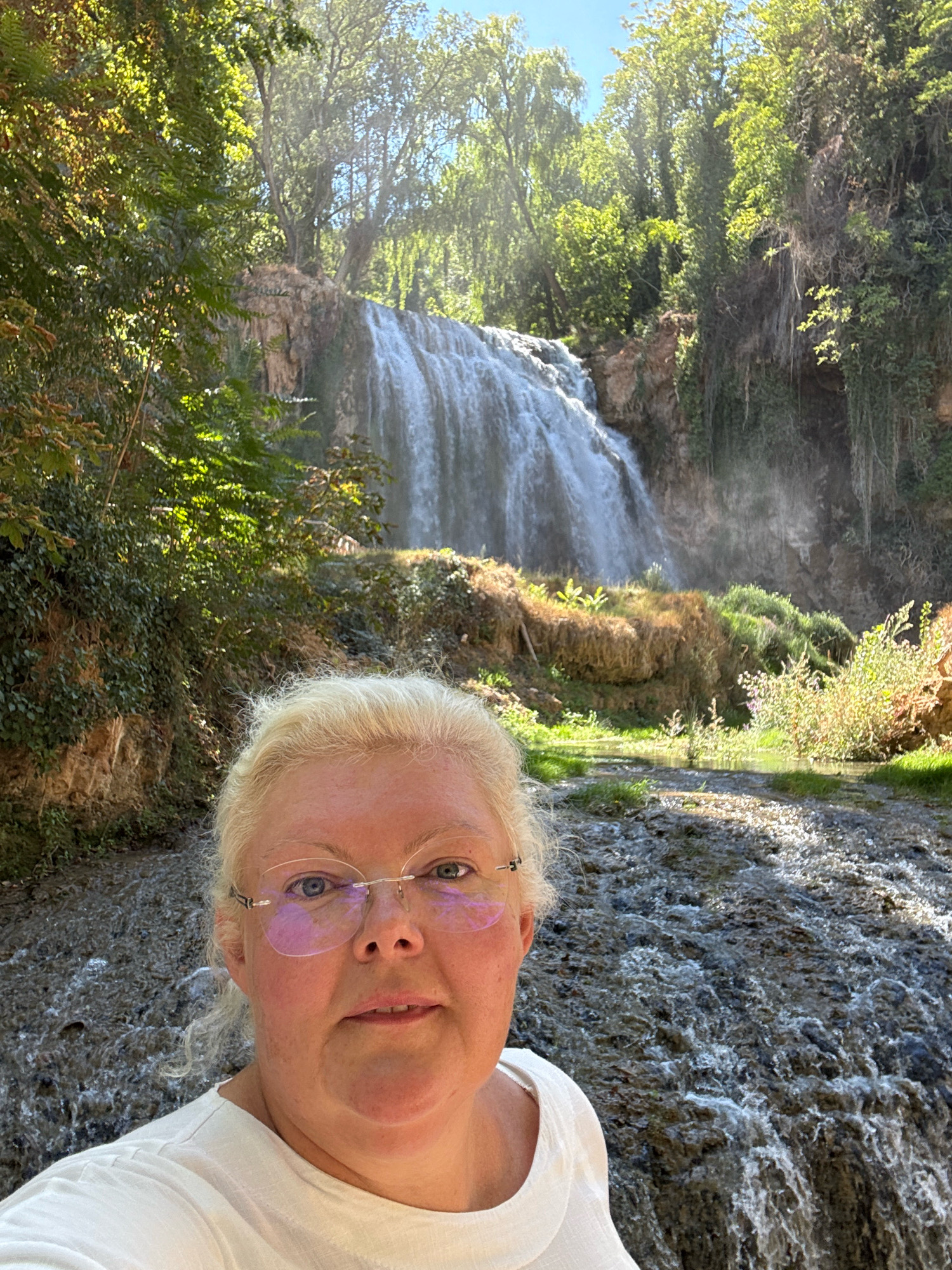 A woman with blonde hair and glasses is taking a selfie in front of a waterfall. The woman is wearing a white shirt. The waterfall is surrounded by lush green trees and rocky cliffs. The water appears to be flowing over several tiers. The scene is likely the source of the river Mesa in Nuévalos, Spain, given the characteristic limestone formations and the presence of a waterfall. The overall lighting suggests a sunny day.