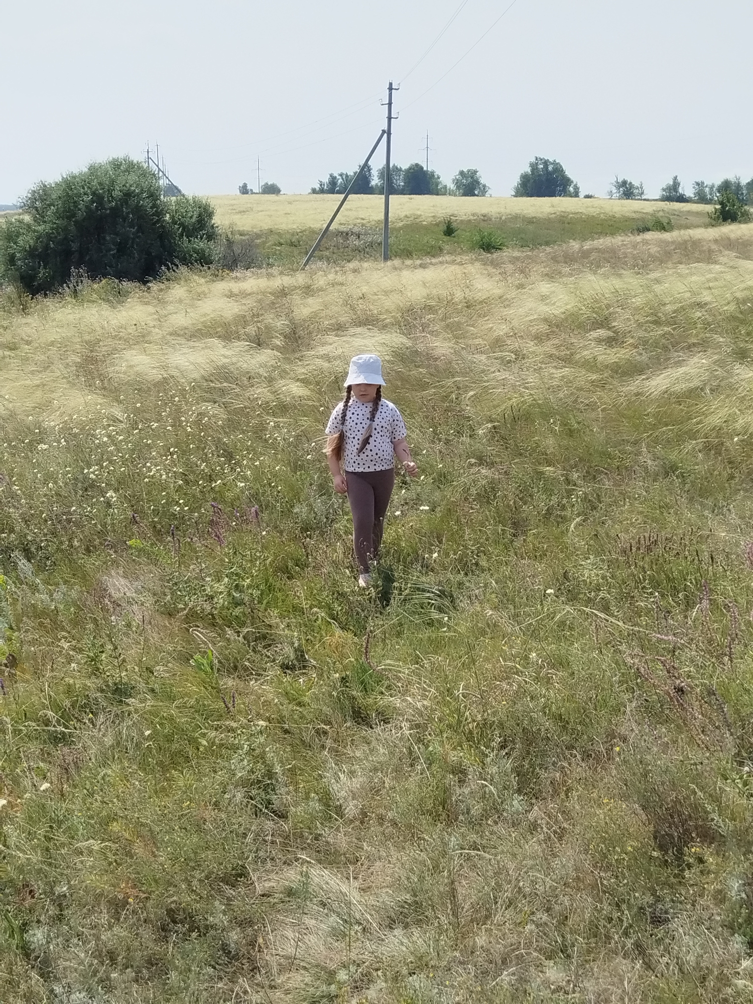 In a field of tall, dry grass with scattered white wildflowers, a young girl with braided hair and a white bucket hat walks towards the camera. She is wearing a white t-shirt with black polka dots and brown leggings. In the background, a tree line with power lines cuts across a golden field under a hazy sky.