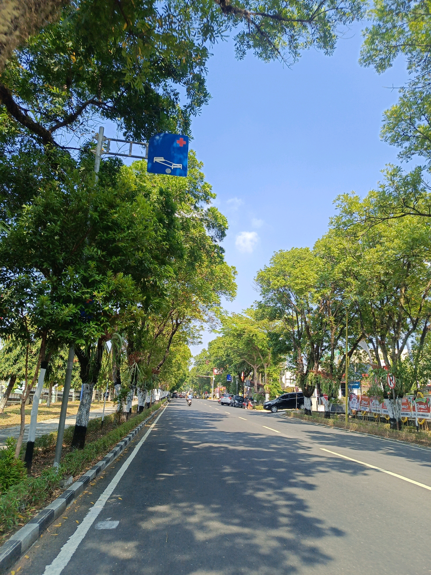 This is a full-shot, eye-level, outdoor, vertical, medium-angle photograph of a street in the city of Tambran, Indonesia. The street is paved with asphalt and has two lanes in each direction, separated by a white line. There are trees lining both sides of the street, with their leaves creating a dappled shade pattern on the road. The sky is clear and blue with a few wispy clouds.
On the left side of the street, there is a sidewalk with a grassy median and a row of trees. A traffic sign with a red cross and a wheelchair symbol is visible on a pole above the trees. On the right side of the street, there are more trees, as well as several signs and banners. A few cars and motorcycles are visible on the street, some of which appear to be parked. The overall impression is one of a well-maintained, tree-lined street in a city.