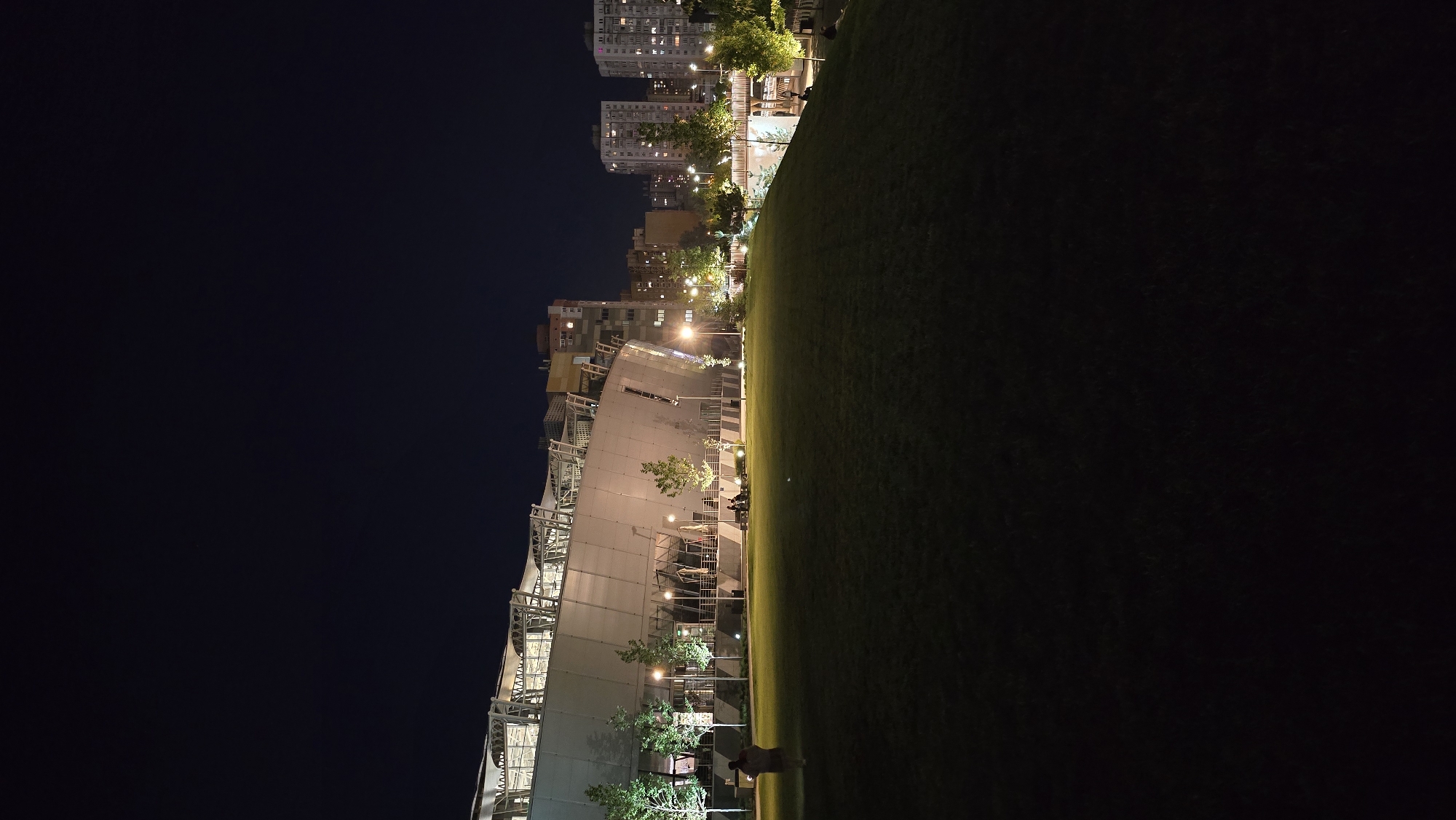 The image captures a night-time scene of an urban park in Kyiv, Ukraine, showcasing a blend of modern architecture, green space, and residential buildings under a dark sky.
In the foreground and middle ground, a wide expanse of neatly manicured green grass is visible, sloping gently upwards. On the left side of the image, a prominent, large modern building or pavilion stands out with a distinctive curved, white, possibly semi-translucent roof or facade. Its structural framework is visible, and the building is well-lit, suggesting internal activity or an illuminated exterior.
Several people are scattered throughout the park. Some individuals are seated on benches or structures near the modern building, appearing to relax or socialize. Others can be seen walking on the grass, with one distinct figure visible in the lower right foreground, possibly accompanied by a small animal or child. Small trees are strategically planted within the park, some illuminated by spotlights, adding depth and light to the green areas.
In the background, behind the park and the modern structure, numerous multi-story residential buildings are visible. Many of their windows are brightly lit, indicating occupied apartments or offices and contributing to the urban glow of the scene. The dark sky above confirms it is night.
The activity depicted is one of leisure and relaxation, with people enjoying the public space in the evening. The artificial lighting from the buildings, streetlights, and within the modern structure illuminates the park, creating a peaceful and inviting atmosphere. There is no visible text in the image.
