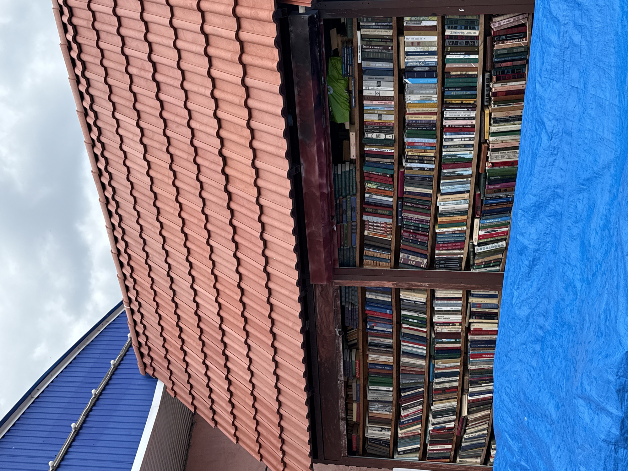 An exterior shot shows a building with a red tiled roof and a blue corrugated metal roof. The red tiled roof covers an open-air structure housing multiple shelves filled with books. A bright blue tarp covers the bottom portion of the frame, obscuring the base of the book-filled structure. The sky above is overcast with gray clouds. The building is located at 36 Komsomolsky Prospekt in Izhevsk, Russia.