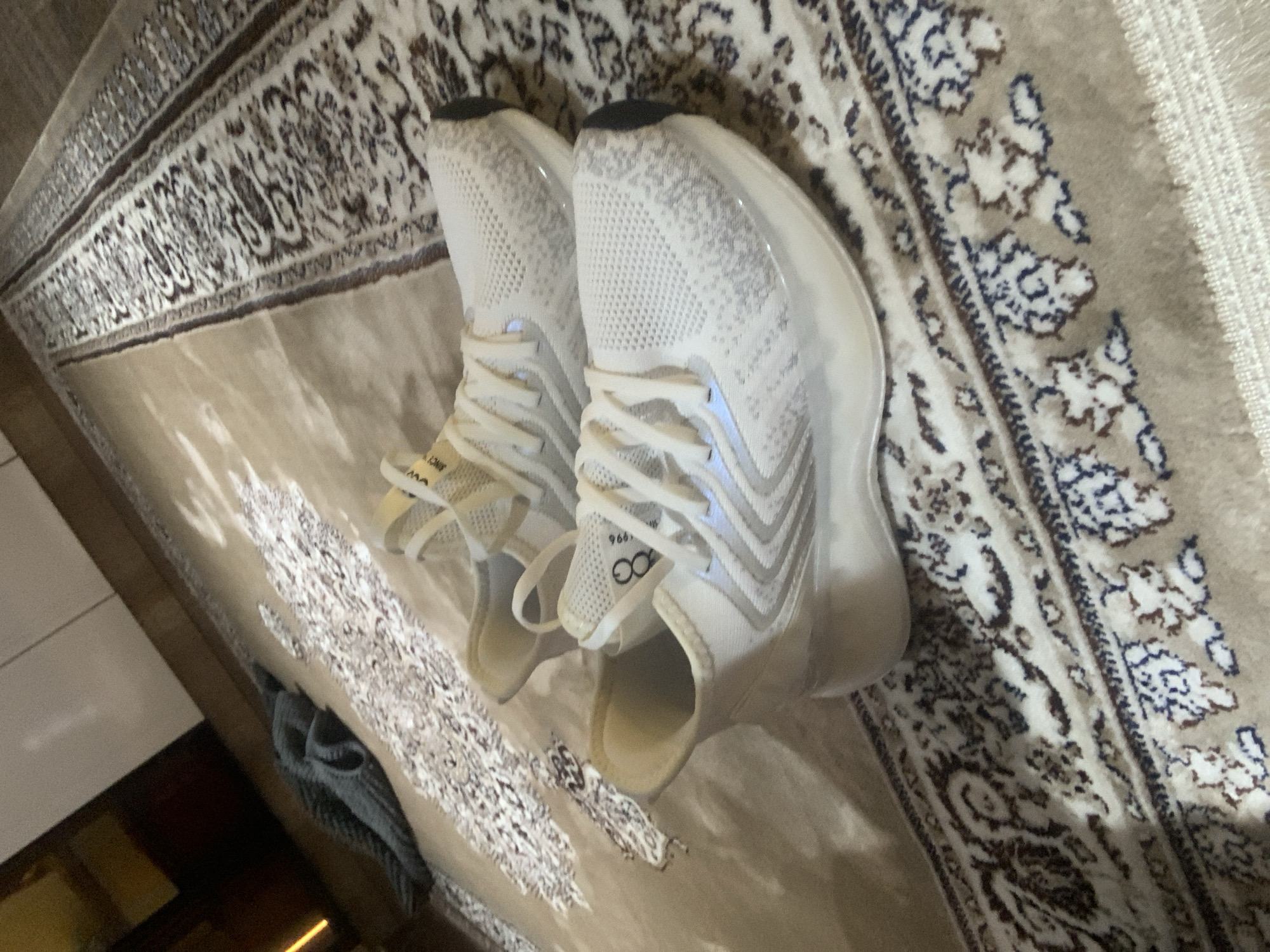 A pair of white athletic shoes are placed on a rug. The rug has a tan base color with a dark brown and blue patterned border. A grey knitted garment is visible on the left side of the frame, partially overlapping the rug. The shoes appear to be new and are positioned side-by-side, with the laces tied. The background shows a dark wooden surface and a white wall, suggesting an indoor environment. The lighting in the image is subdued, with a warm cast. The scene is static, with no discernible action taking place. The location is described as a residential setting in Abuja, Nigeria.