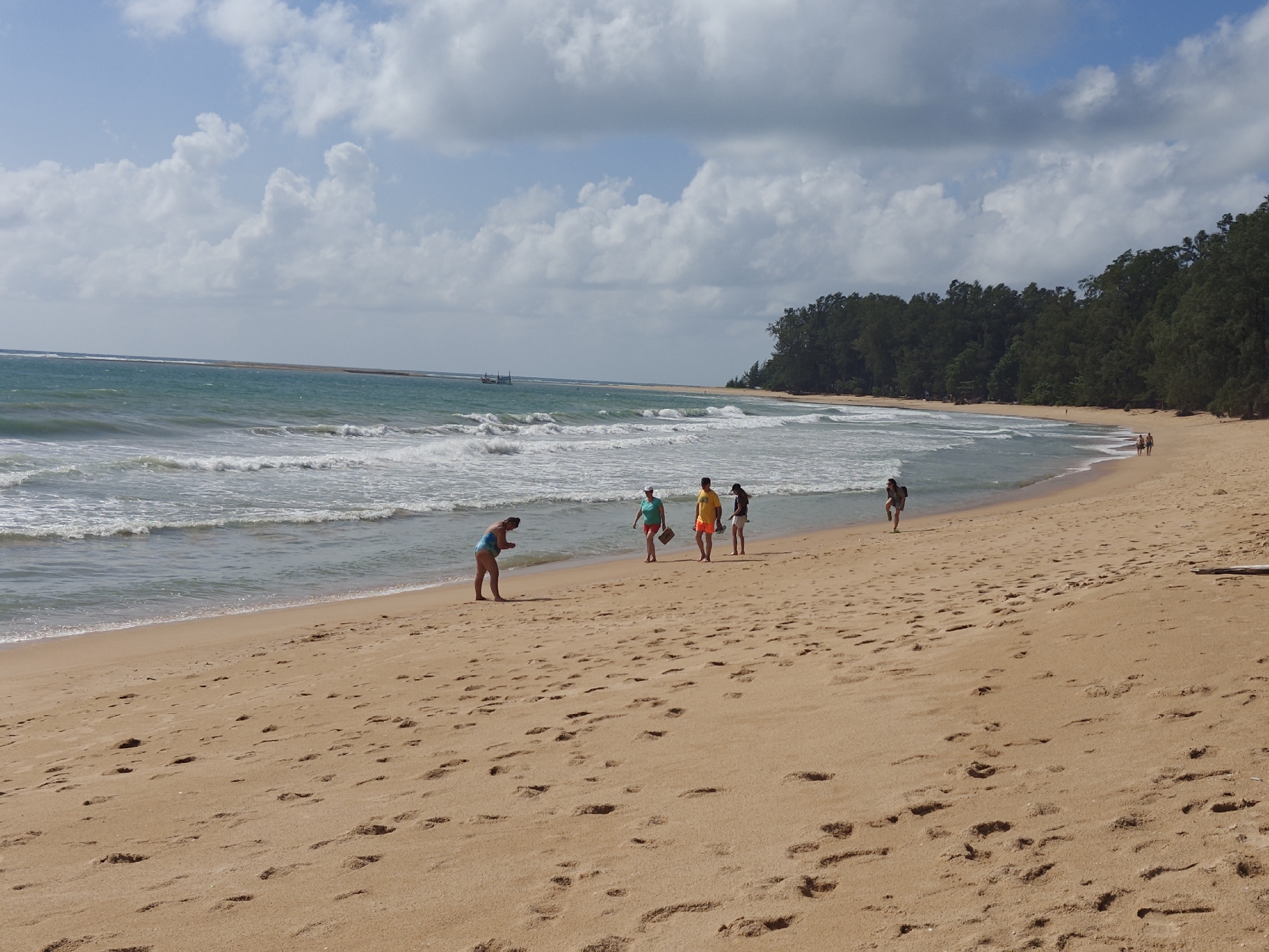 This image depicts a wide, sandy beach with footprints scattered across the sand. The sea is to the left, with moderate waves rolling towards the shore. In the background, a line of dense green trees borders the beach, suggesting a tropical or subtropical environment. The sky is partly cloudy with patches of blue.
Several people are visible on the beach. On the left side of the frame, a person in a blue swimsuit is standing near the water, looking down. Further down the beach, a group of four people are walking together, appearing to be casually strolling. One person is wearing a green shirt and red shorts, another a yellow shirt and orange shorts, and the third a dark shirt and dark shorts. A fourth person, further back, is wearing dark clothing and is partially obscured. In the far distance, there are two small boats on the water, and a few other figures can be seen along the shoreline.
This scene is consistent with a location on Sakhu Beach in Sakhu, Thailand, a popular destination known for its natural beauty and coastline. The presence of beachgoers, the sea, and the lush vegetation are characteristic of this area.
