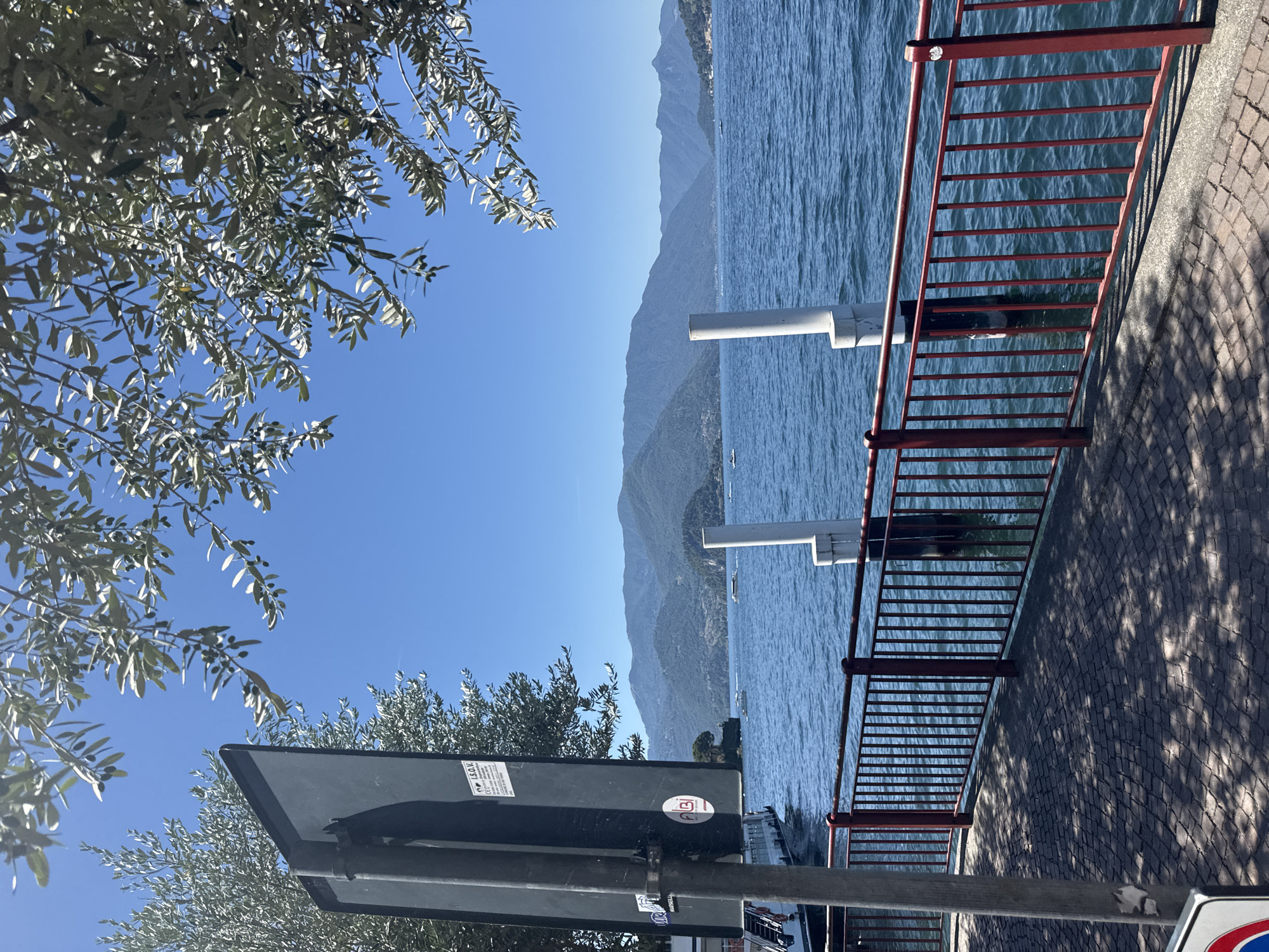 This is a vertical, eye-level shot of a waterfront scene in Varenna, Italy, likely taken in the late morning or early afternoon. The weather is clear and sunny, with a bright blue sky dominating the upper left portion of the frame. In the foreground, a large olive tree with green leaves and some dark olives is partially visible, casting shadows onto a stone-paved walkway. The walkway is bordered by a red metal railing that runs along the edge of the water.
Beyond the railing, a calm blue lake stretches into the distance, with rolling, tree-covered mountains forming the horizon. The mountains are hazy and appear to recede into the background. Several small boats are scattered on the lake. Two white cylindrical posts are positioned near the railing, one taller than the other.
A dark, rectangular signpost is prominently placed in the lower left of the image, adorned with several stickers. One sticker shows a circular logo with stylized lettering and a red and white accent. Another sticker is larger and displays Italian text and a logo, possibly related to a safety or regulatory body, with visible text reading "I.S.O.N.I.". The overall mood is peaceful and serene, evoking a sense of a pleasant day at the Italian lakes.
