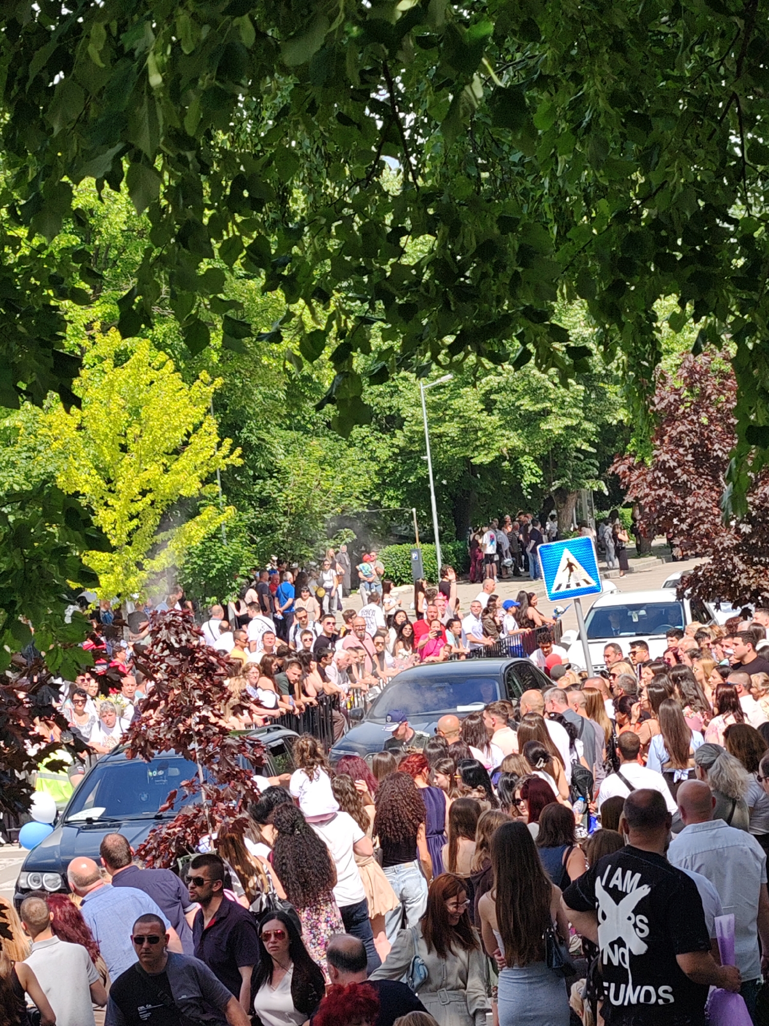 The image depicts a large crowd of people gathered on a city street in Shumen, Bulgaria. Many are positioned behind a metal fence, suggesting a designated viewing area or barrier. Several dark-colored vehicles are visible amidst the crowd. The street is lined with trees, providing some shade to the onlookers. A pedestrian crossing sign is clearly seen on the right side of the image, near a white vehicle. The scene suggests a public event or gathering of some significance.