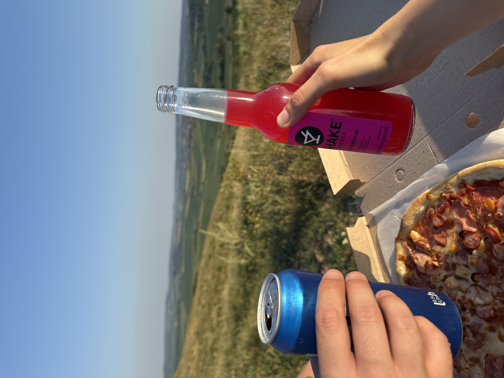 Two hands are visible in the foreground, holding drinks and a pizza. One hand holds a blue aluminum can. The other hand holds a clear glass bottle containing a pink beverage. In front of the hands is a pizza in a cardboard box, with toppings of cheese, ham, and sausage. The background shows a rolling green landscape under a clear blue sky. The scene appears to be outdoors, possibly on a hill.