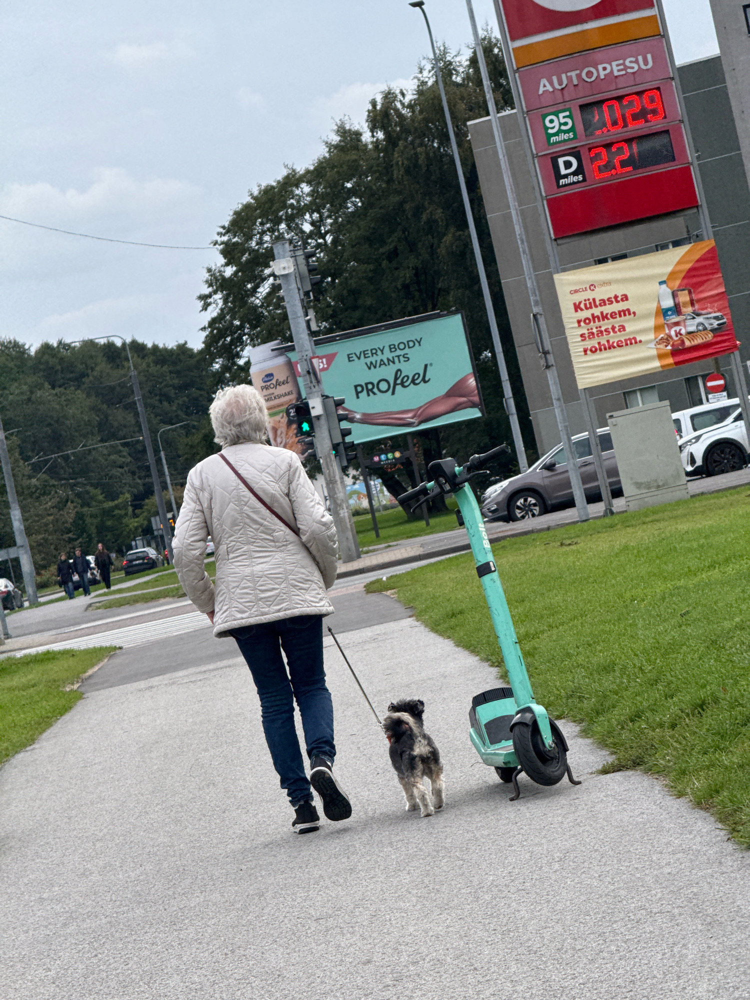 An elderly woman with white hair, wearing a quilted off-white jacket and dark blue jeans, walks a small, dark and white shaggy dog on a leash. They are on a paved pedestrian walkway next to a grassy area. A bright teal electric scooter is parked on the walkway behind and to the right of the dog. In the background, several cars are visible, including a dark grey SUV and a white car. A tall sign with red digital displays for gas prices is on the right side of the image, showing "AUTOPE SU 95 miles 1.029" and "D miles 2.21". A large billboard with a picture of a milk carton, a phone, a car, and food items is below the gas price sign, with text that appears to be in Estonian. Another billboard with green and white text is visible to the left, featuring the word "PROfeel". Trees and buildings are in the background, under an overcast sky. The location is the city of Tallinn, Estonia, near a Circle K gas station.