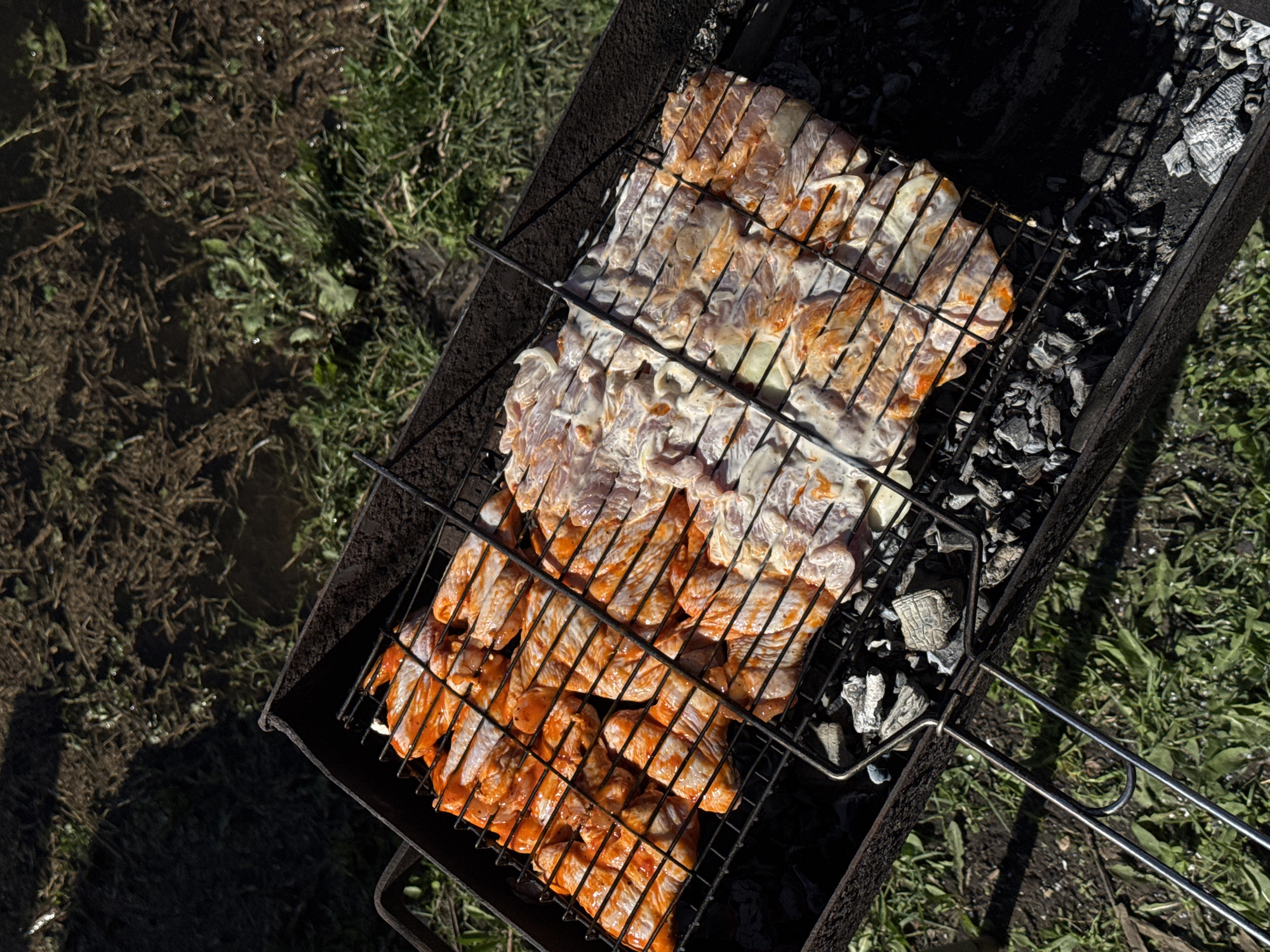Here is a description of the image:
The image shows a barbecue grill filled with pieces of marinated chicken or other meat, placed over hot coals. The grill is rectangular and sits on a stand, and the meat appears to be in the process of cooking. The scene is set outdoors, with grass and foliage visible in the background, suggesting a backyard or park setting. The location is not identifiable based on the image.
