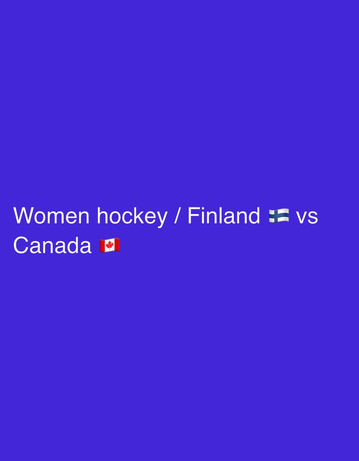 The image displays white text on a solid blue-purple background. The text reads, "Women hockey / Finland 🇫🇮 vs Canada 🇨🇦". This text occupies the lower-left quadrant of the frame. Two national flag emojis are present: the flag of Finland (🇫🇮) appears after "Finland", and the flag of Canada (🇨🇦) appears after "Canada". The background is uniform and devoid of any other visual elements, patterns, or textures. No people, objects, or actions are depicted in a physical environment. The image content does not depict a specific physical location in Rho, Italy, or any other city.