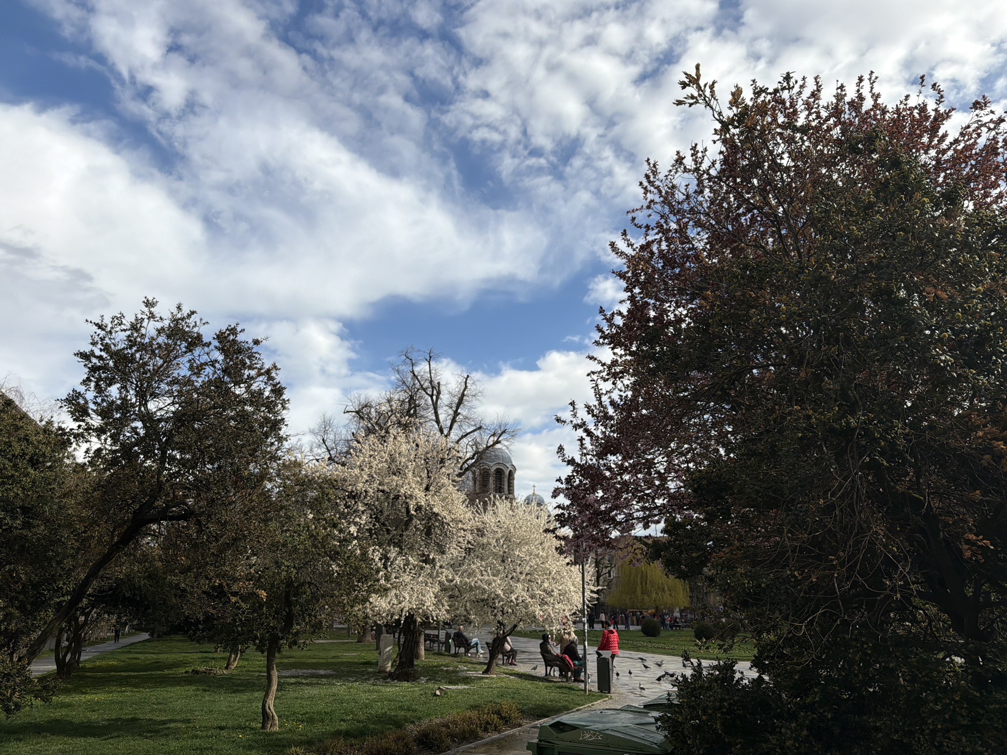 The image depicts a park in Sofia, Bulgaria, with trees in various stages of bloom under a sky with scattered clouds. A church with a dome is partially visible behind the trees. People are seated on benches in the park, and a woman in a red jacket is standing near a trash can. Pigeons are on the ground near the paved area. Green bins are located in the foreground.