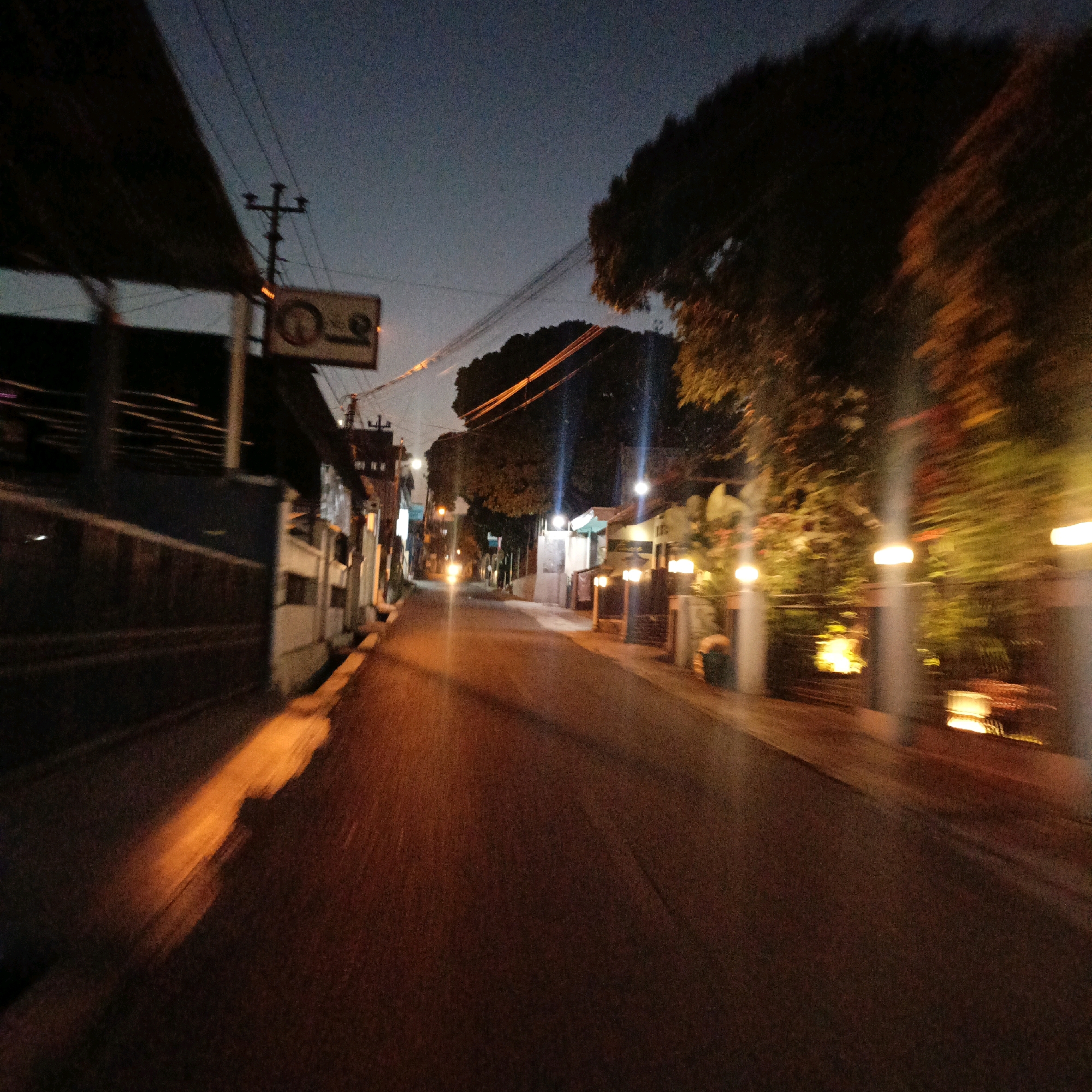 The image captures a street scene at dusk or dawn in Salatiga, Indonesia. The perspective suggests the photo was taken from a moving vehicle, resulting in motion blur throughout the image. The road is paved and illuminated by streetlights, casting a warm orange glow on the asphalt. On the left side of the street, there are buildings with dark facades, and a prominent sign with a symbol of a phone is visible, mounted on a pole with electrical wires. On the right side, trees and vegetation are illuminated by several streetlights, some of which are mounted on pillars. The sky is a dark, deep blue, indicating the transition between day and night. The overall impression is a quiet, possibly residential or commercial street bathed in artificial light.