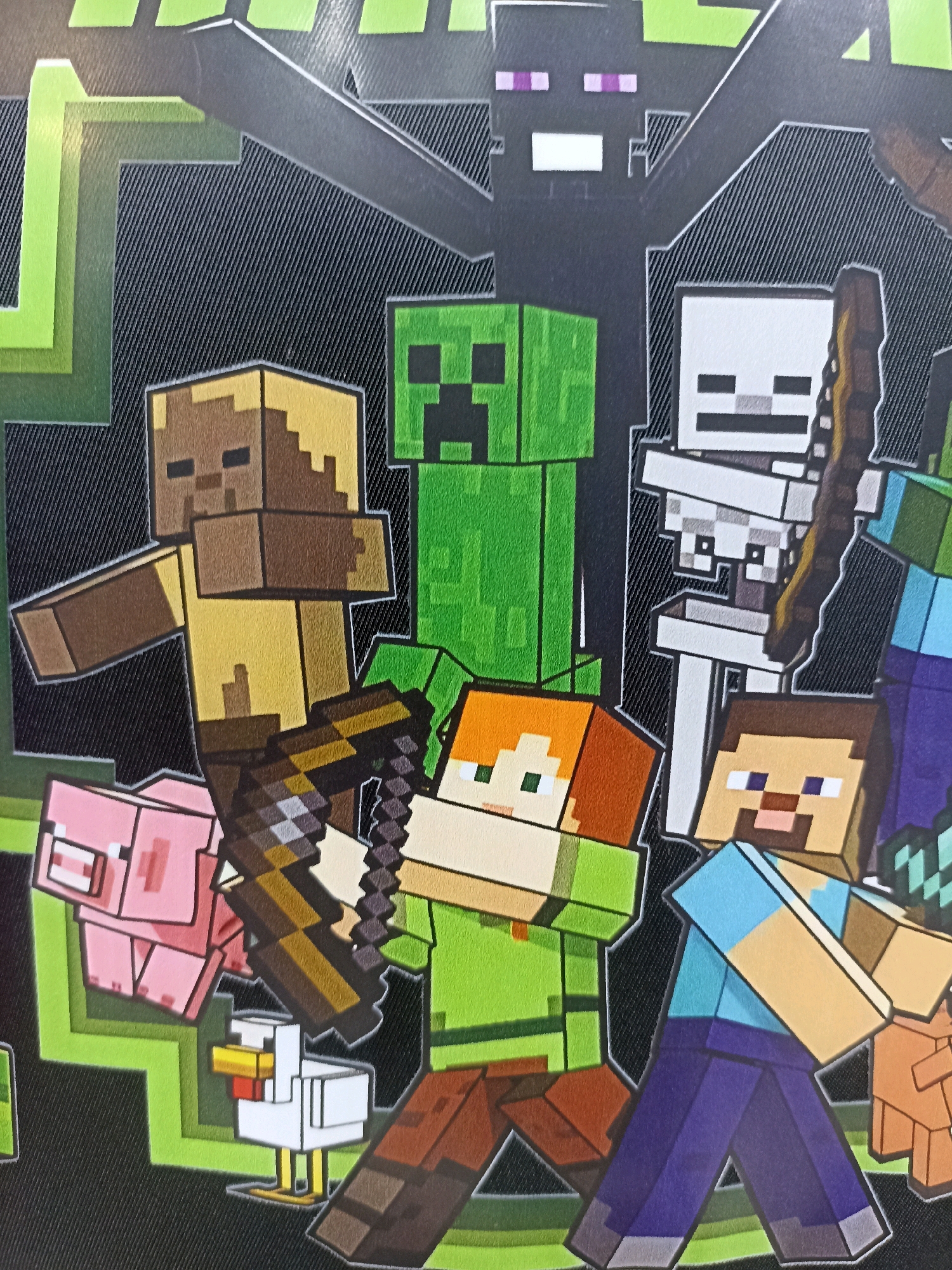 This image is a close-up, slightly angled shot of a collage of characters from the video game Minecraft. The style is distinctly pixelated, reflecting the game's aesthetic.
The main subjects are various Minecraft mobs and player characters rendered in their iconic blocky forms. We see a green Creeper prominently in the center, a black Enderman with purple eyes at the top, a white Skeleton with a bow, a tan zombie, and the player characters Steve (in a blue shirt and purple pants) and Alex (in a green shirt and brown pants). There are also smaller animals like a pink pig and a white chicken. The characters are arranged in a dynamic composition, suggesting a scene of action or perhaps a collection of popular figures.
The background is a dark, textured material, possibly fabric, with stylized lime green geometric shapes that mimic the environment of the game. There are no overt cues indicating a specific time of day, weather, or a real-world location. The emotional tone is neutral, as the characters are depicted in their standard game appearances.
There is no visible text in the image. The overall impression is a vibrant and recognizable representation of the Minecraft universe.