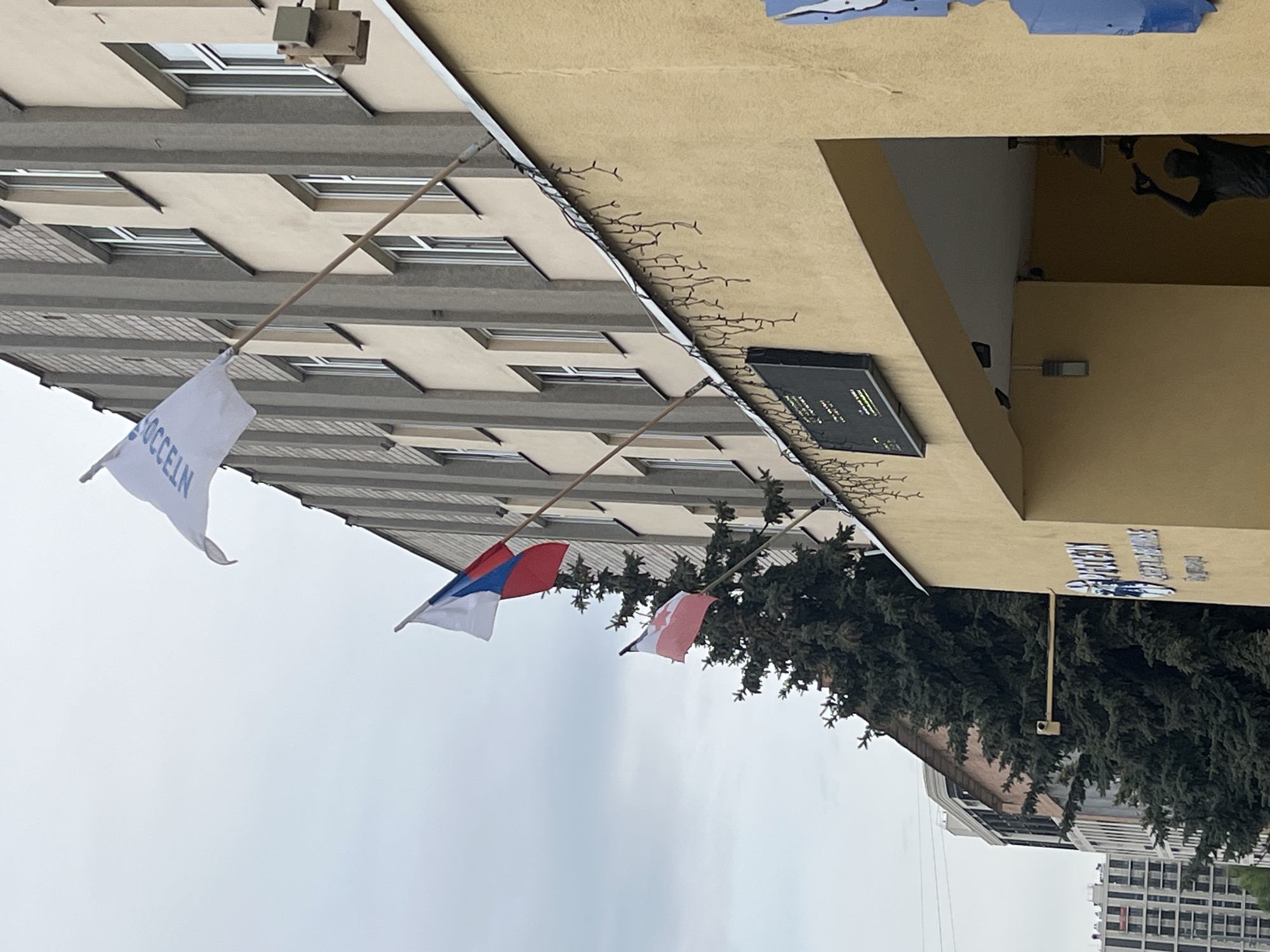 The image shows a building facade in Izhevsk, Russia. Three flags are visible: a white flag with blue Cyrillic lettering, the Russian flag, and the flag of Izhevsk. The building is light yellow, with a gray multi-story section. A dark plaque and decorative lighting are attached to the building. Evergreen trees are in front of the building, and a city street with taller buildings is visible in the background.
