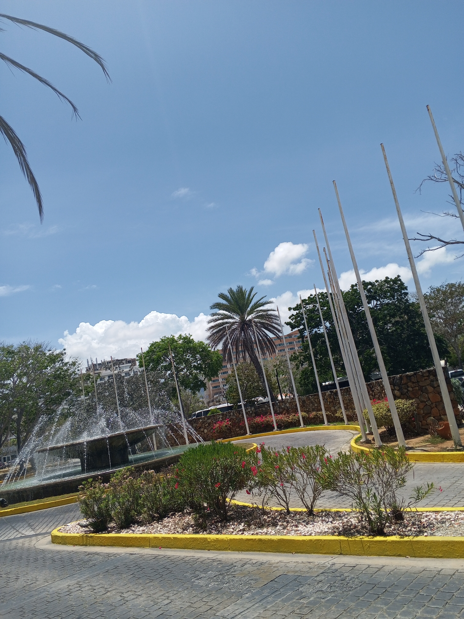 The image shows a fountain, trees, and flag poles with a partly cloudy blue sky in the background. A building is partially visible behind the trees. The location is possibly in Porlamar, Venezuela. In the foreground, there is a paved road with a yellow curb and landscaping with flowering bushes.