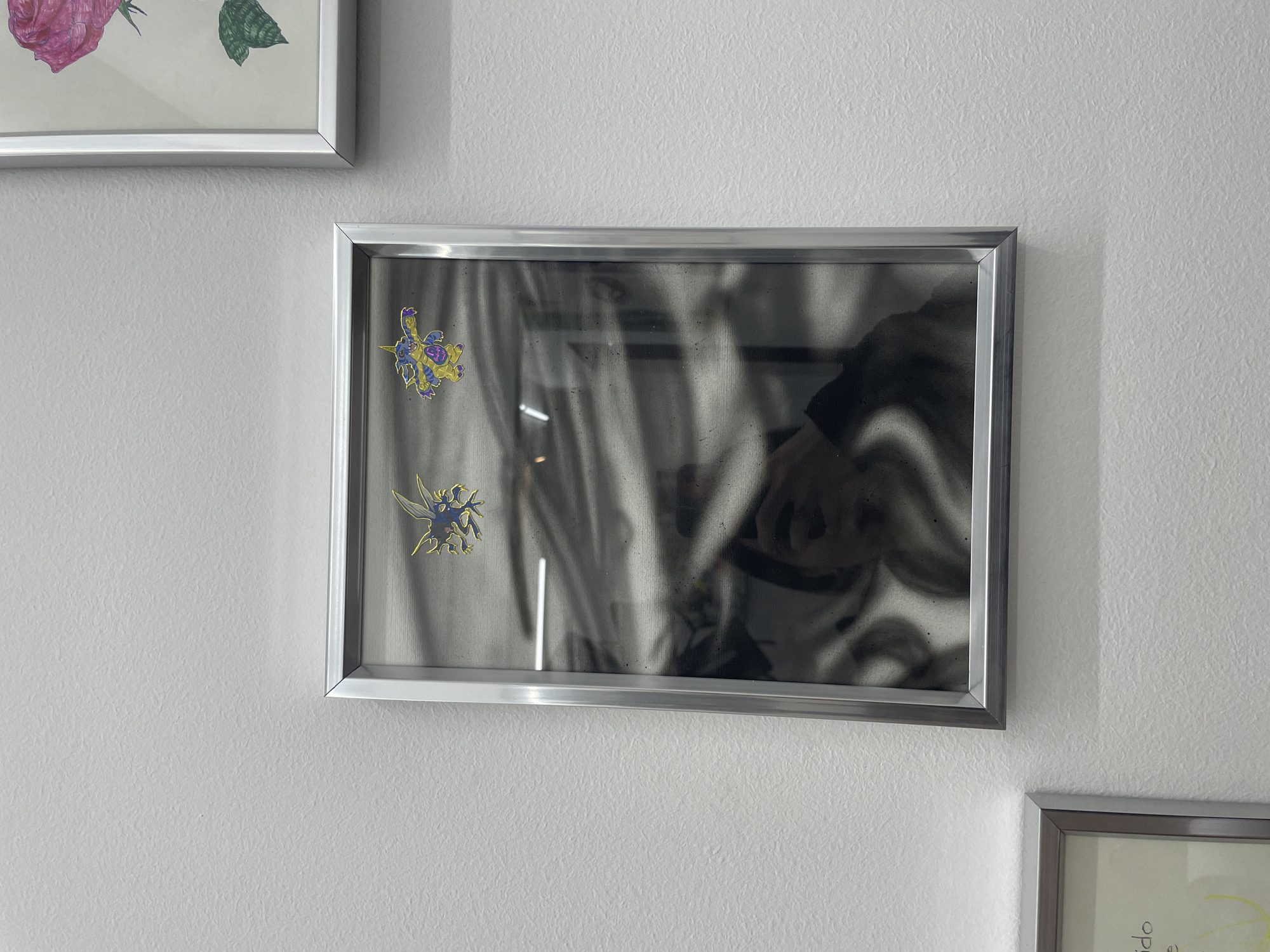 The image shows a section of a white wall where several framed pictures are hanging. Two silver-framed pictures are visible: one in the upper left corner depicting a rose with green leaves, and another in the center. This central frame contains a reflective surface, obscuring the subject within. Two enamel pins are affixed to the inside surface of the glass. One pin near the top is a blue and purple creature, while the lower one is a blue and gold dragon. The surface of the frame has some smudges and debris on it. The third frame is visible in the lower right corner with the top of what looks like a picture with writing visible inside the frame. There is no specific identifying detail to pinpoint the location of this scene in Buenos Aires, Argentina.