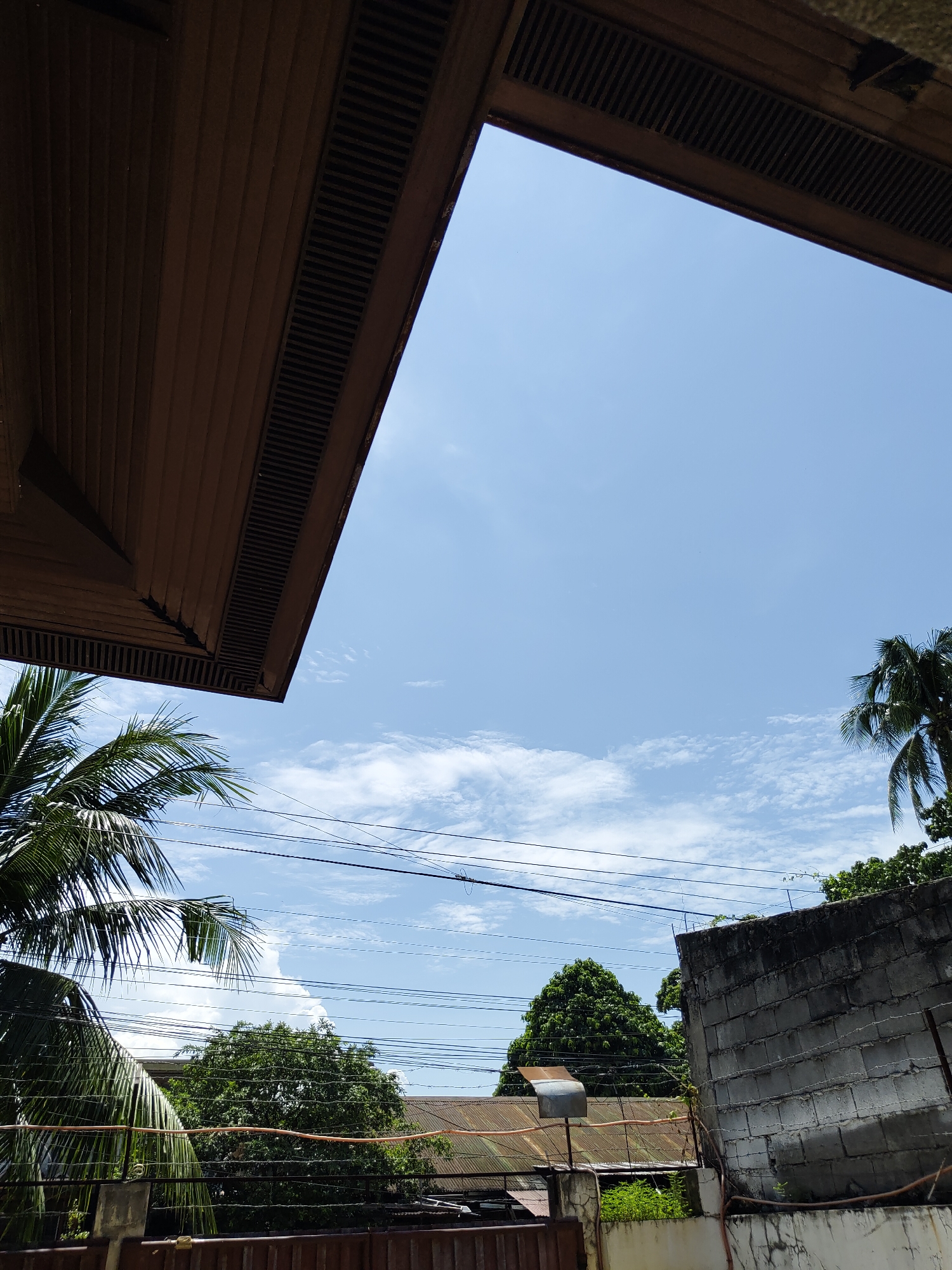 The image captures an upward-looking view of a bright, sunny day, partially framed by architectural elements and abundant vegetation. Dominating the upper portion of the frame are the dark brown eaves of a building, likely a roof overhang, featuring distinctive slatted ventilation along its underside.
The sky is a clear, vibrant blue, punctuated by scattered white cumulus clouds, indicating fair weather. Bright sunlight illuminates the scene, casting no harsh shadows.
Below the roofline, tropical foliage is prominent. On the left, lush green fronds of a palm tree extend into the frame. Further across the mid-ground, dense green tree canopies are visible. Numerous black utility wires crisscross horizontally against the backdrop of the sky and trees.
Towards the lower right, a rough-textured grey concrete block wall forms a significant boundary. Behind this wall and in the lower-middle section, structures with rust-colored corrugated metal roofs are discernible, characteristic of local architecture. A metallic vent or hood-like object is visible atop one of these roofs. In the bottom left, a dark gate or fence structure is partially obscured by foliage.
The scene depicts a static outdoor landscape, likely in a residential or semi-urban area. The time of day appears to be midday or early afternoon, given the high sun and bright conditions. The presence of palm trees, corrugated roofs, and concrete block walls are consistent with the provided location context of Davao City, Philippines. There are no people or visible text in the image.